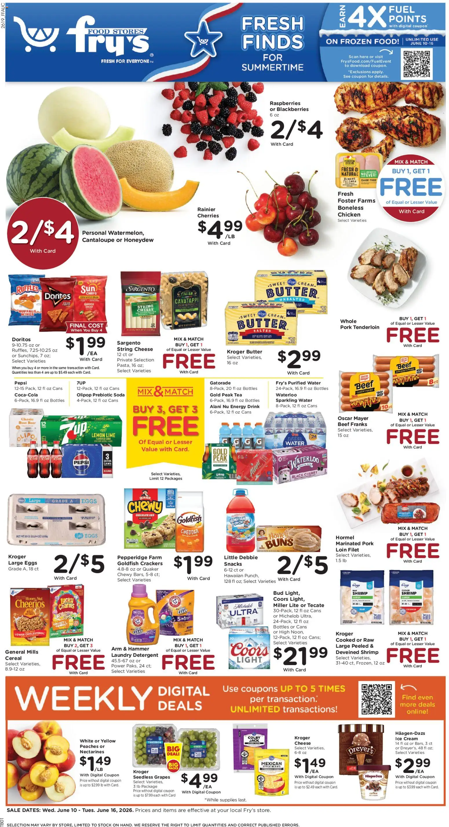Fry's Food Weekly Ad - valid from 10.06.2026 | Page: 1 | Products: Pork, Tea, Water, Grapes