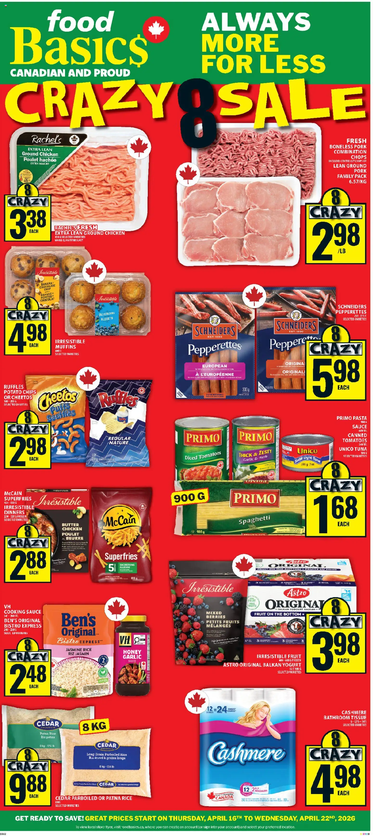 Food Basics flyer valid from 16.04.2026 | Page: 1 | Products: Pasta, Chips, Chocolate, Tomatoes