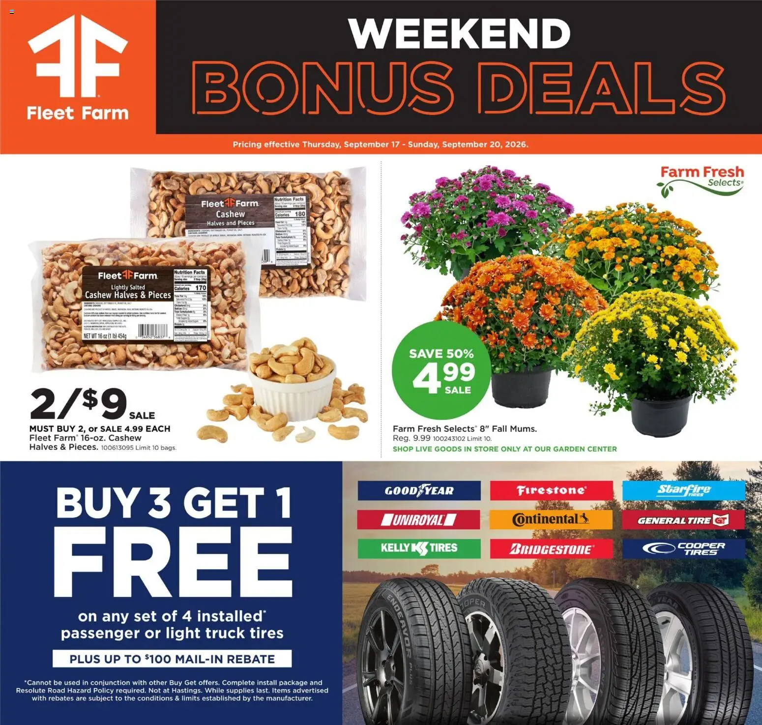 Mills Fleet Farm Weekend Ad - valid from 09/17/2026 | Page: 1 | Products: Tire