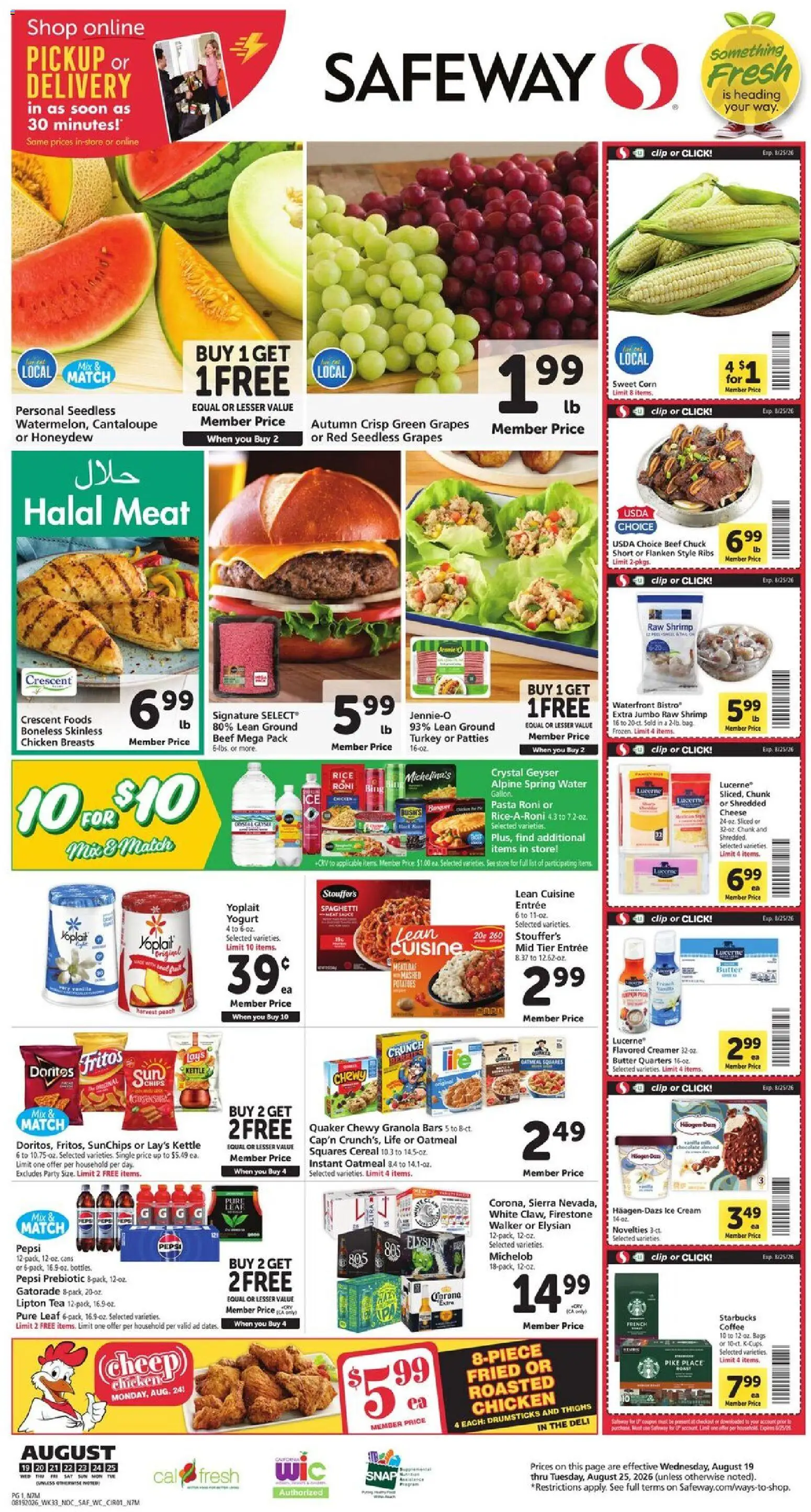 Safeway Weekly Ad - valid from 08/19/2026 | Page: 1 | Products: Beef, Chips, Grapes, Ice