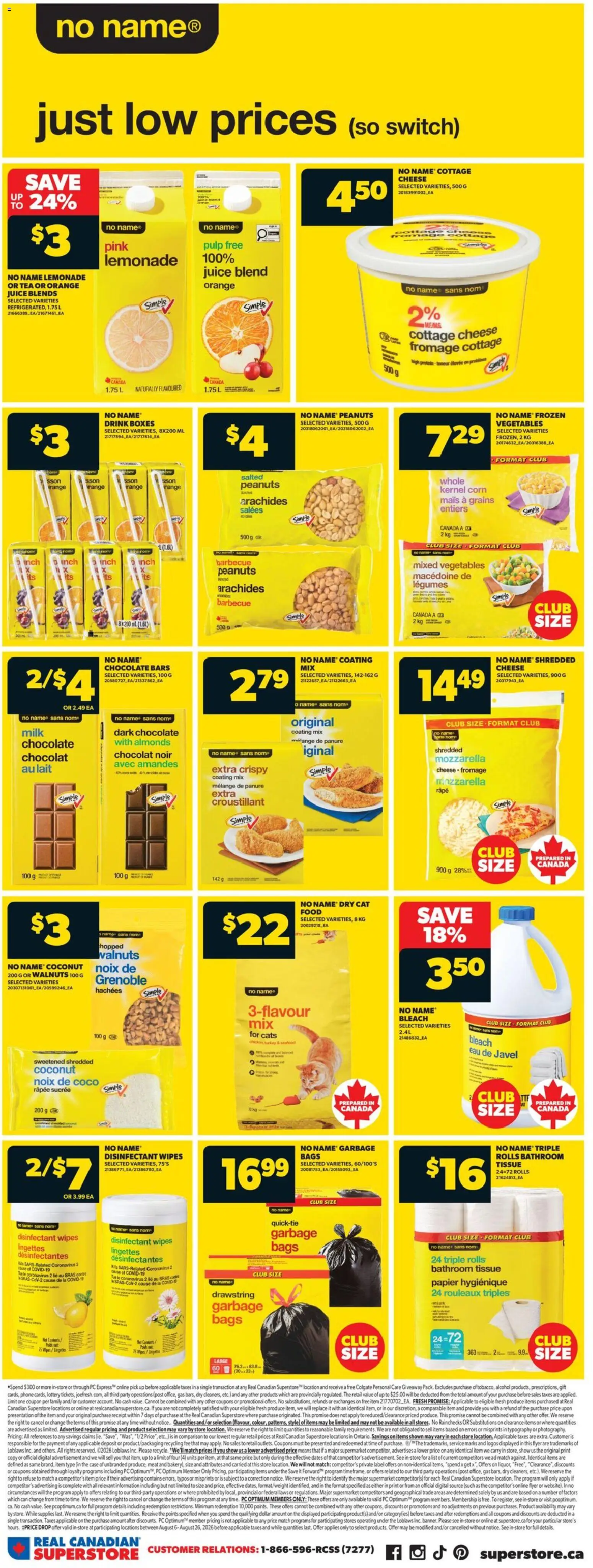 Real Canadian Superstore flyer valid from Aug 6, 2026 | Page: 9 | Products: Garbage bags, Walnuts, Disinfectant wipes, Milk