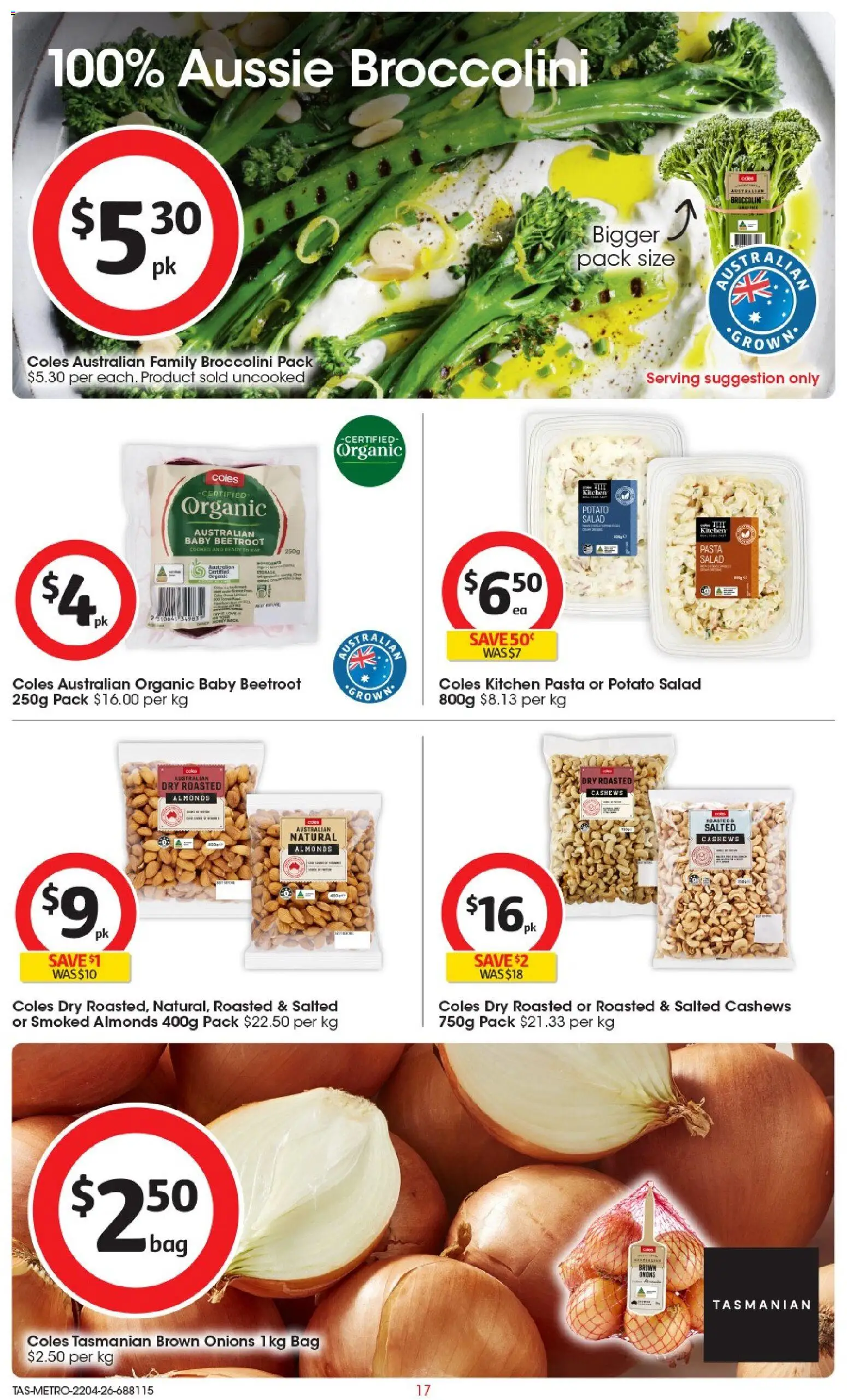 Coles catalogue - valid from 22.04.2026 | Page: 17 | Products: Almonds, Pasta, Salad, Onions
