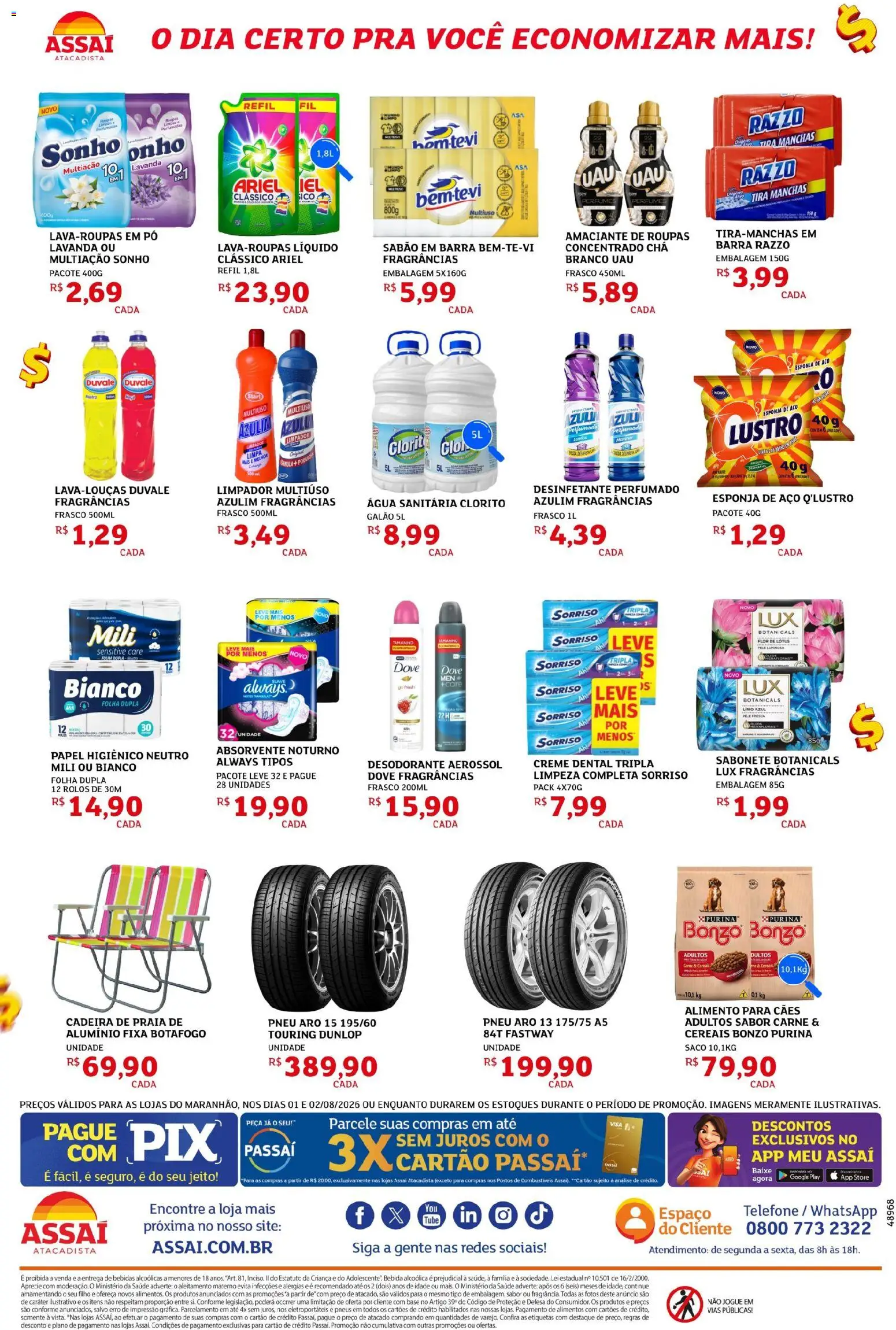 Assaí Atacadista Folheto - válido de 01/08/2026 | Página: 4 | Produtos: Pneu, Pó, Tira manchas, Desodorante