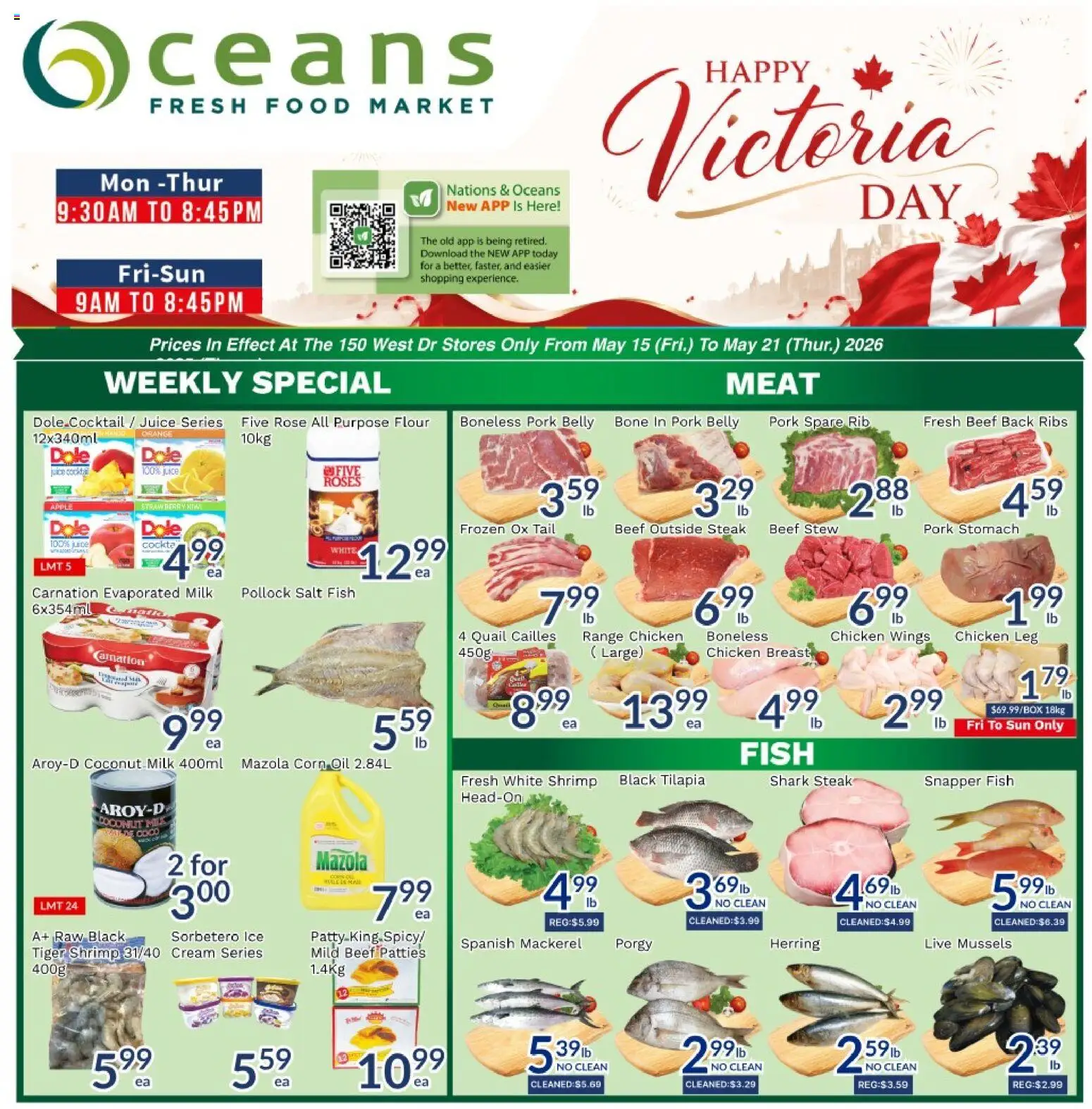 Oceans flyer valid from 15.05.2026 | Page: 1 | Products: Fish, Chicken wings, Juice, Pork