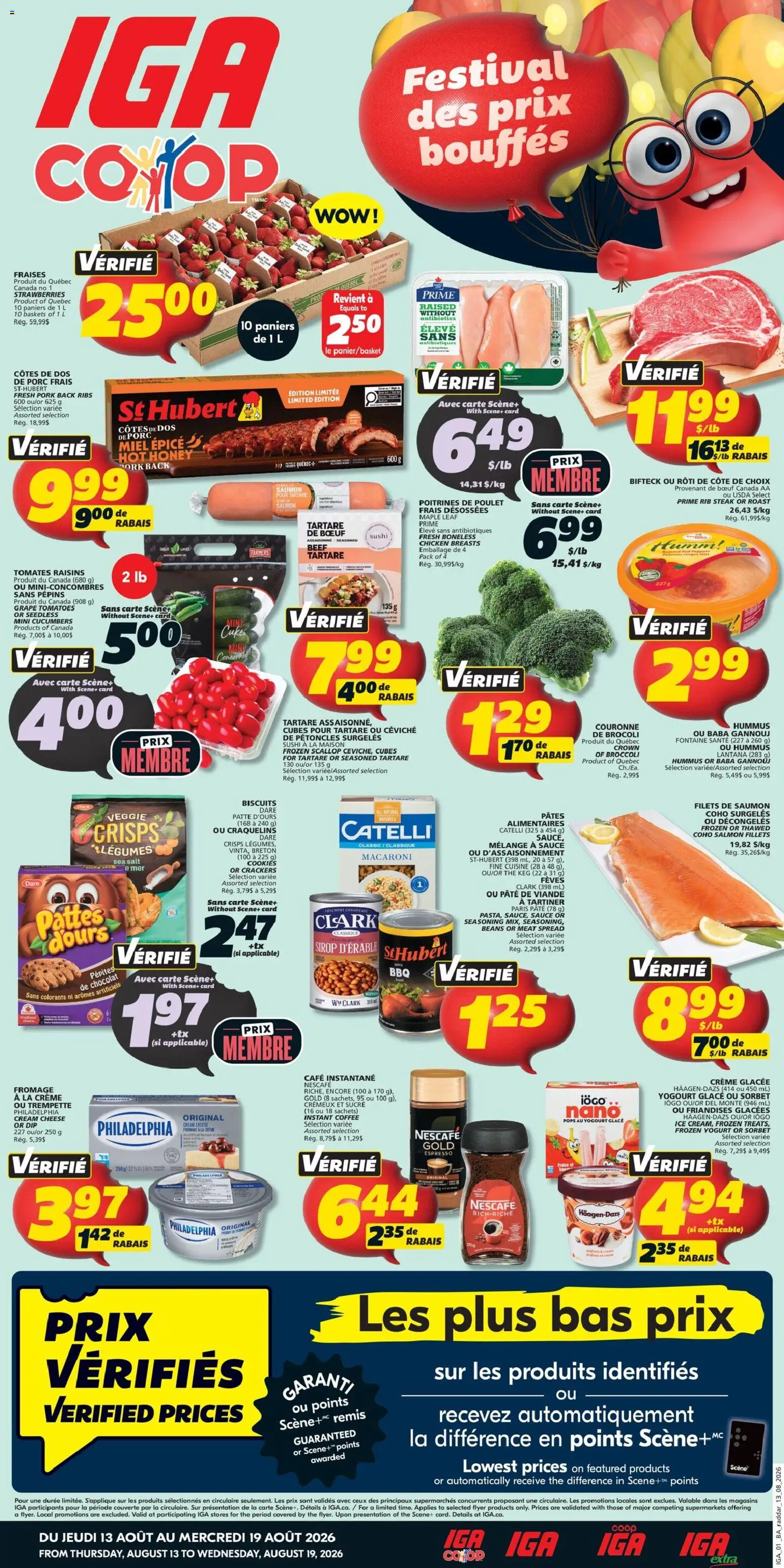 IGA flyer valid from Aug 13, 2026 | Page: 1 | Products: Strawberries, Cookies, Cucumbers, Chicken breasts