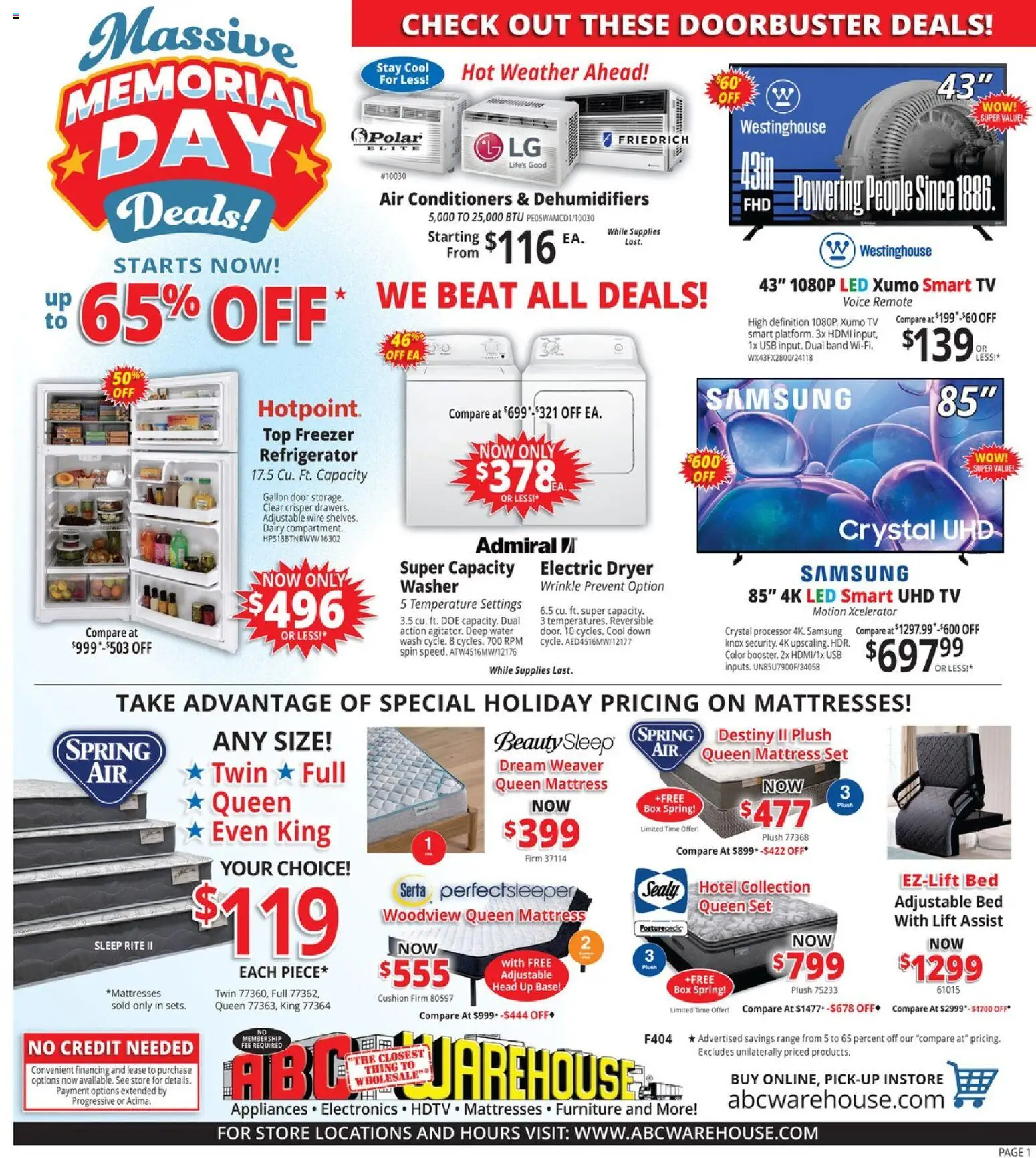 ABC Warehouse Weekly Ad - valid from 03.05.2026 | Page: 1 | Products: Bed, Washer, Usb, Freezer