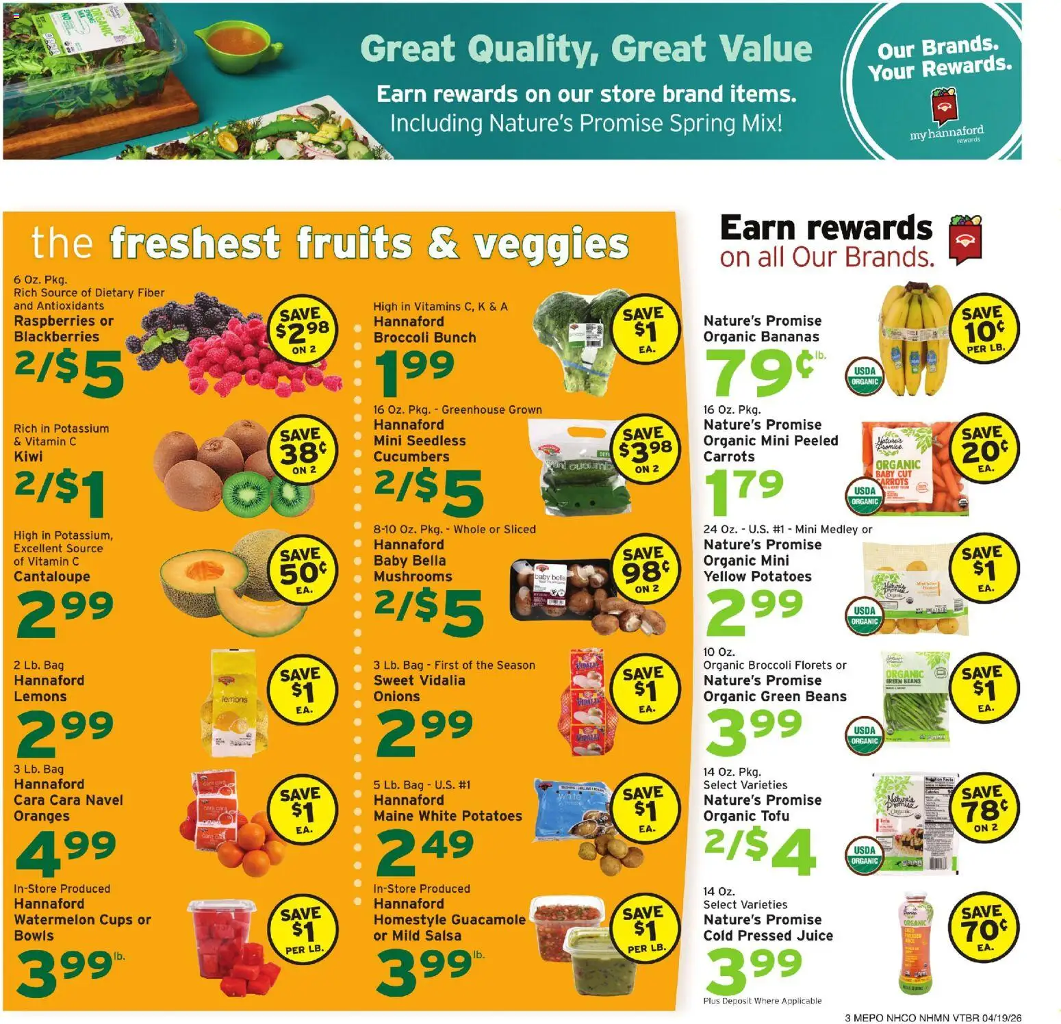Hannaford Weekly Ad - valid from 19.04.2026 | Page: 3 | Products: Oranges, Bananas, Potatoes, Fruits