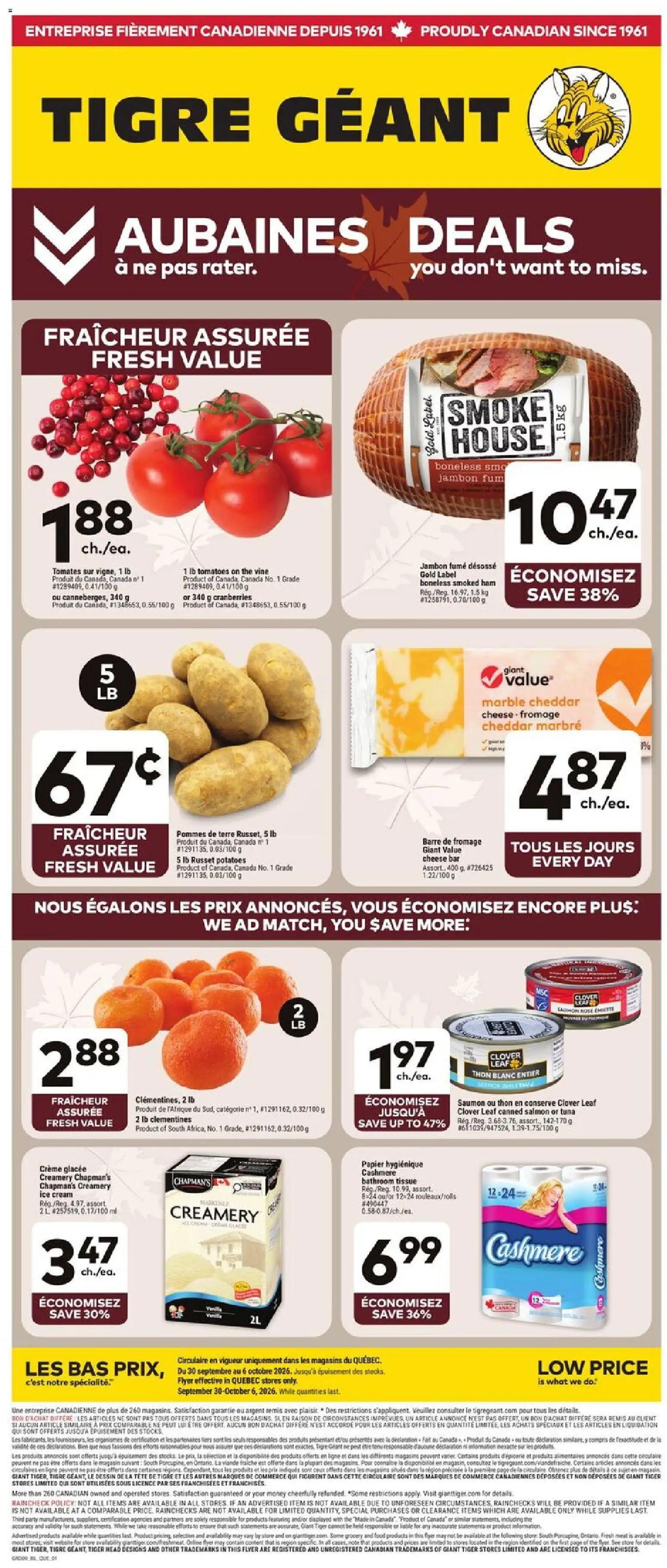Giant Tiger flyer valid from Sep 30, 2026 | Page: 1 | Products: Salmon, Toilet paper, Meat, Tomatoes