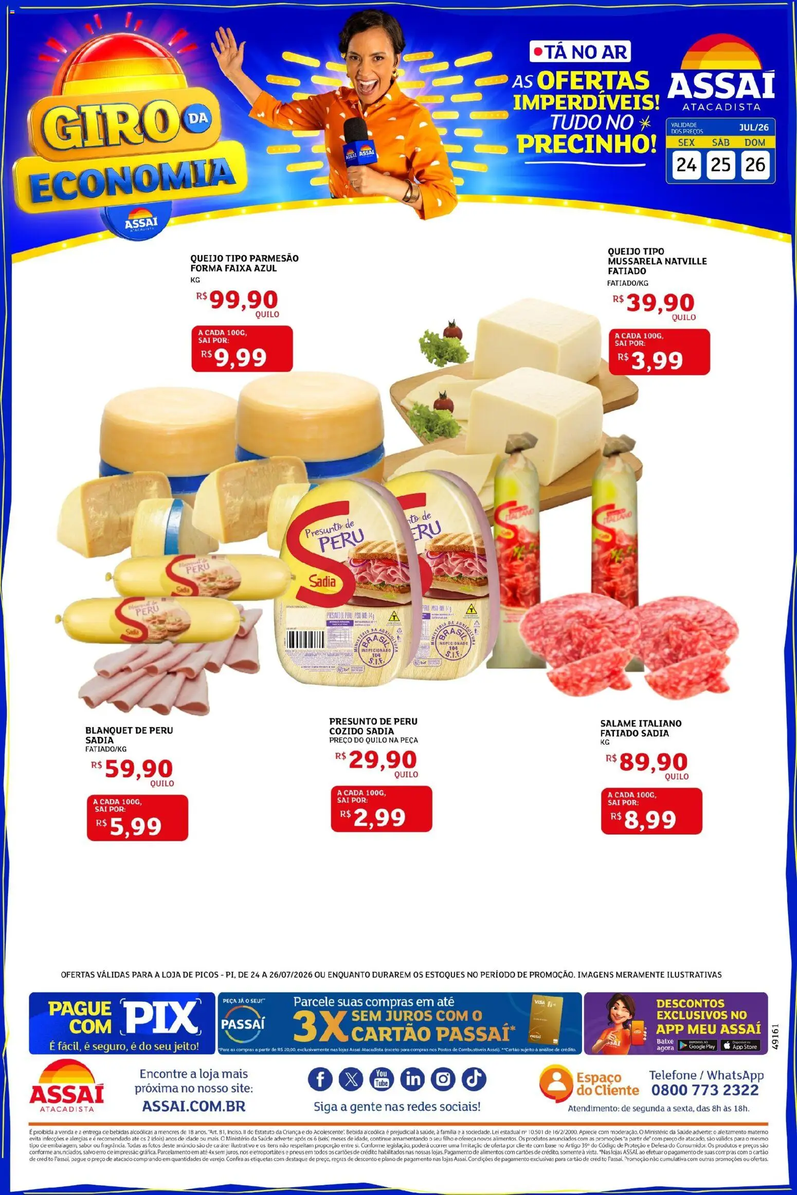 Assaí Atacadista Folheto - válido de 25/07/2026 | Página: 1 | Produtos: Presunto, Parmesão, Bebida, Telefone