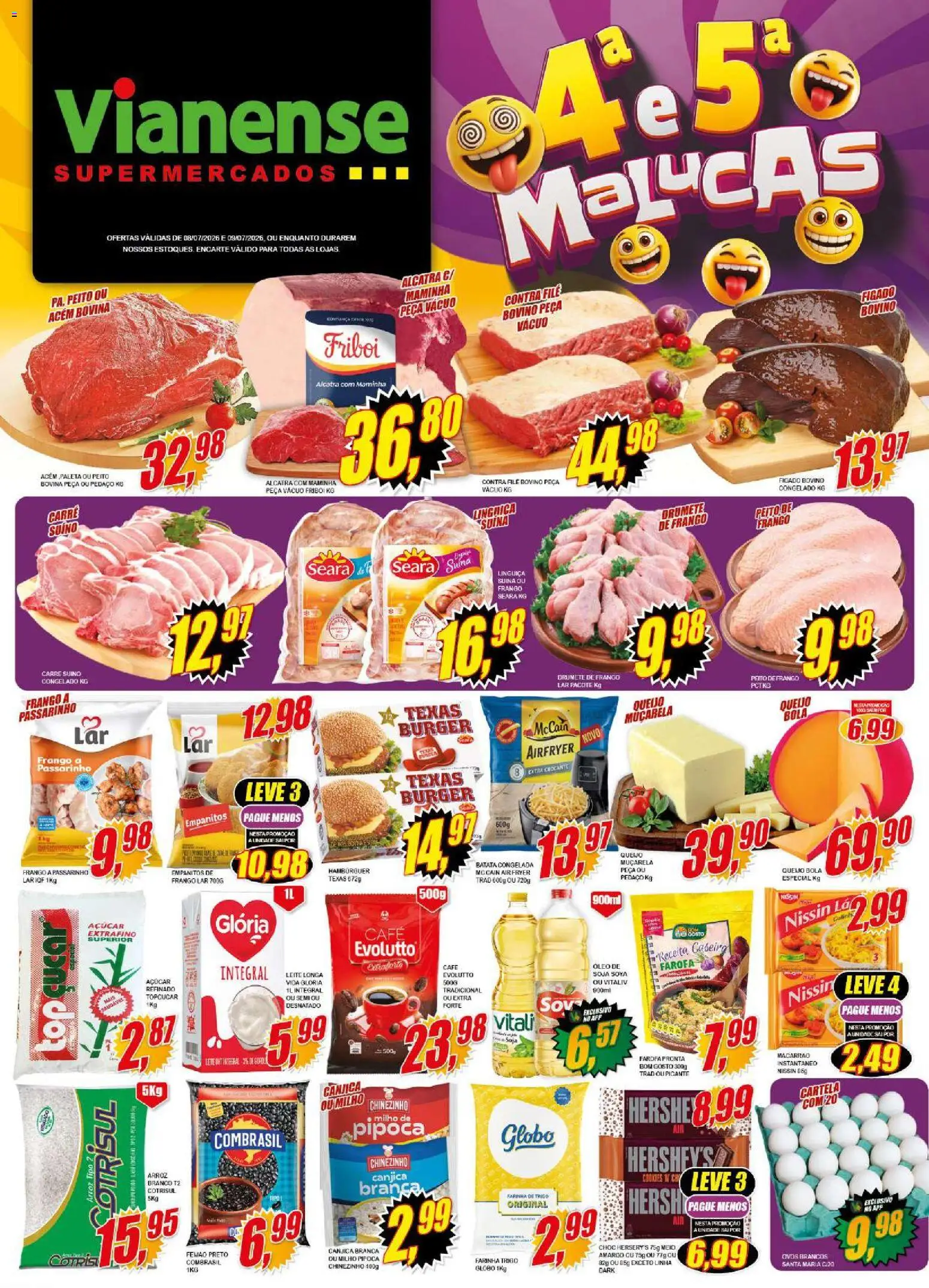 Vianense Folheto - válido de 08/07/2026 | Página: 1 | Produtos: Contra filé, Queijo, Ovos, Farofa