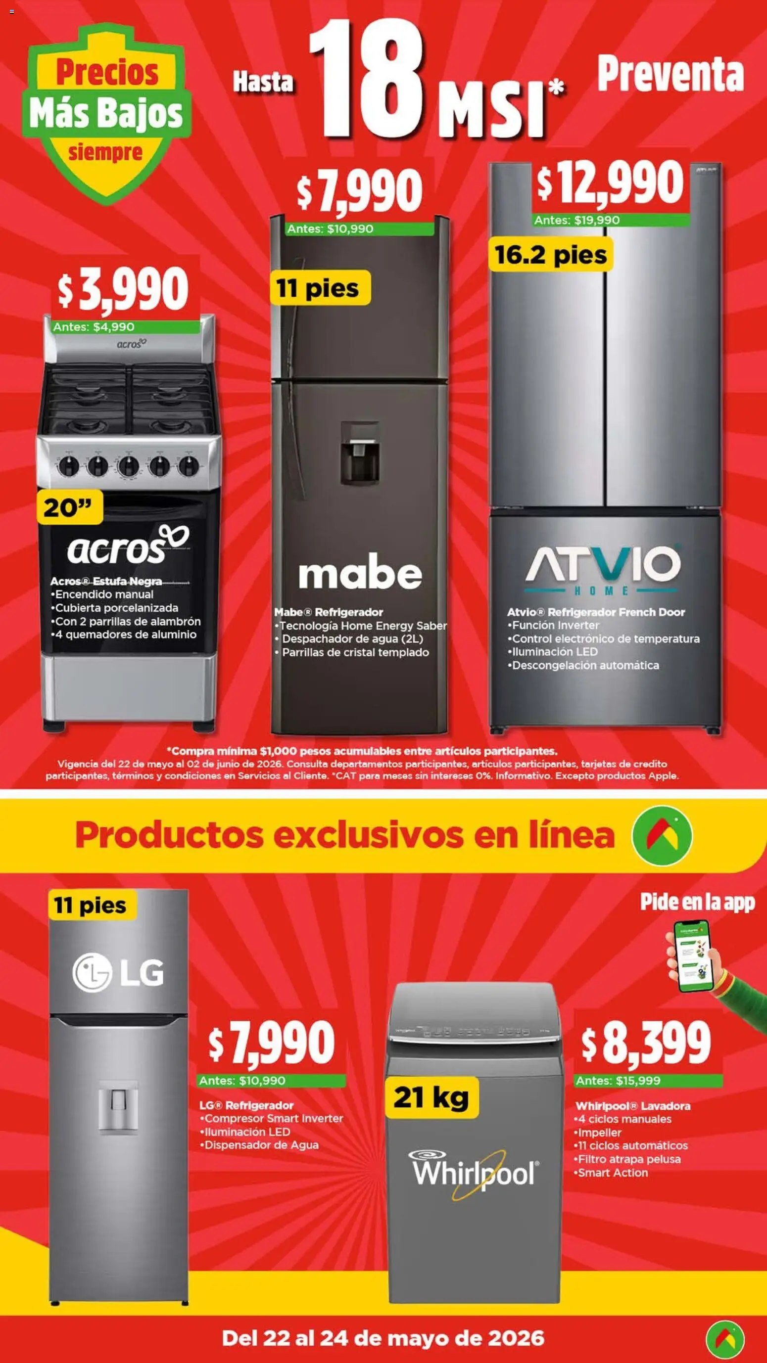 Nuevas ofertas de Bodega Aurrerá válidas en toda la República Mexicana desde el 22.05.2026. ¡Encuentra las mejores ofertas en Bodega Aurrerá folleto El precio más bajo de México! | Página: 16 | Productos: Refrigerador, Agua, Lavadora