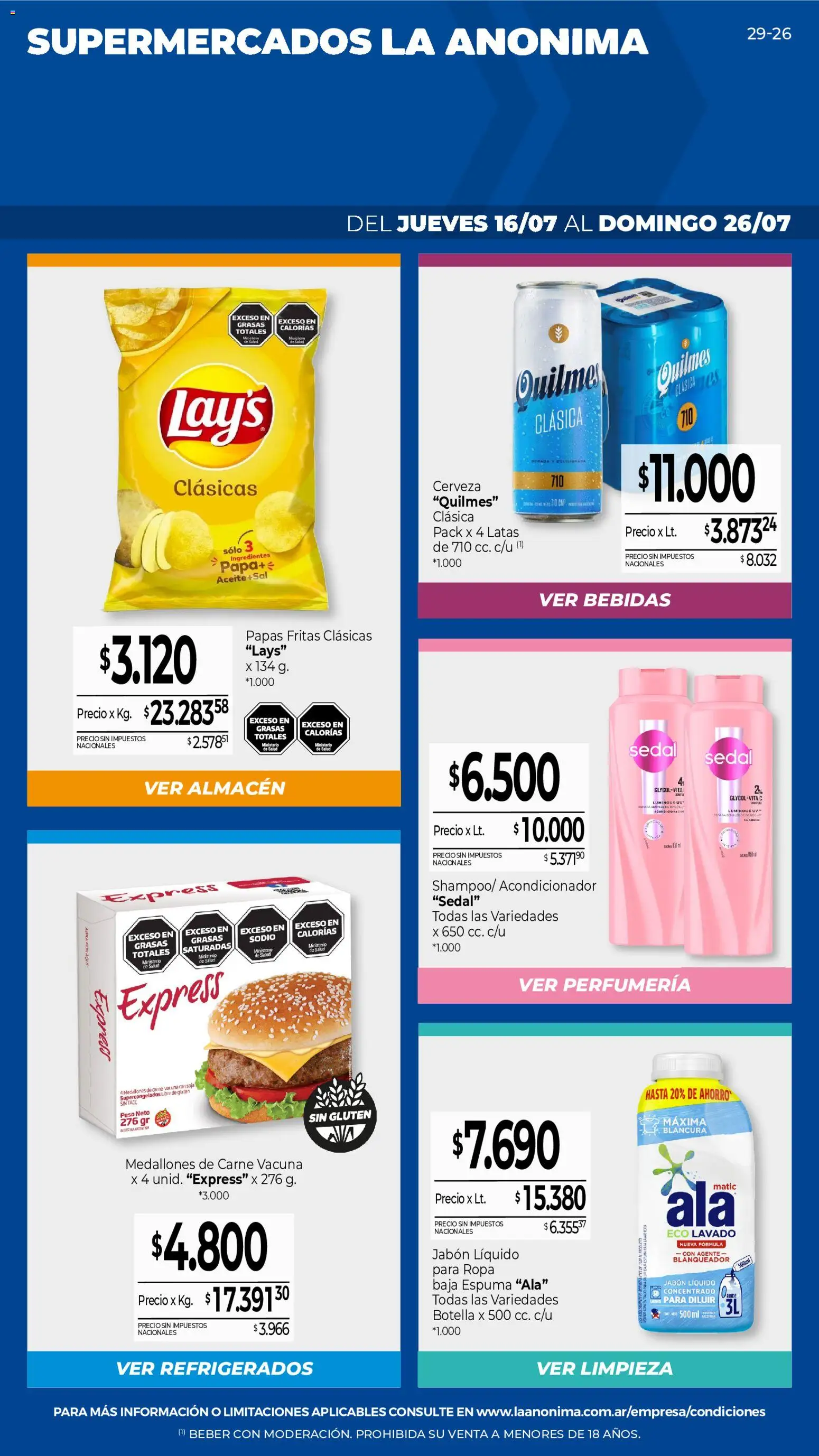La Anonima catálogo │ válido desde el 16/07/2026 | Página: 1 | Productos: Peso, Jabón líquido, Acondicionador, Espuma