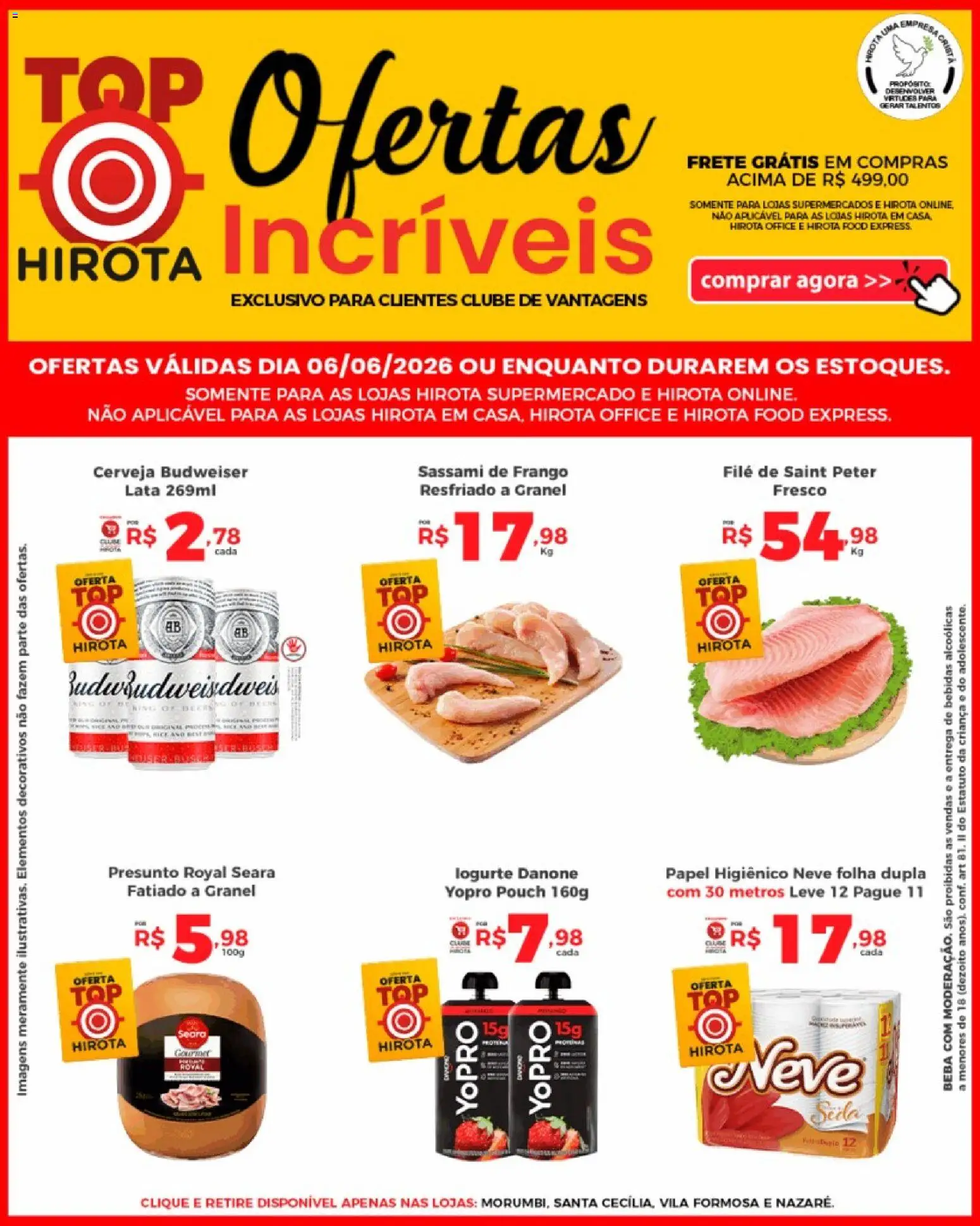 Hirota Food Folheto - válido de 06.06.2026 | Página: 1 | Produtos: Presunto, Cerveja, Frango, Papel higiênico
