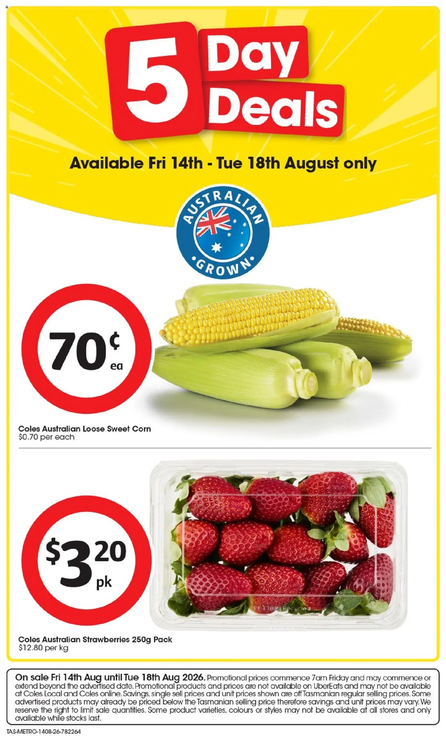 Coles catalogue - valid from 14/08/2026 | Page: 1 | Products: Corn, Strawberries