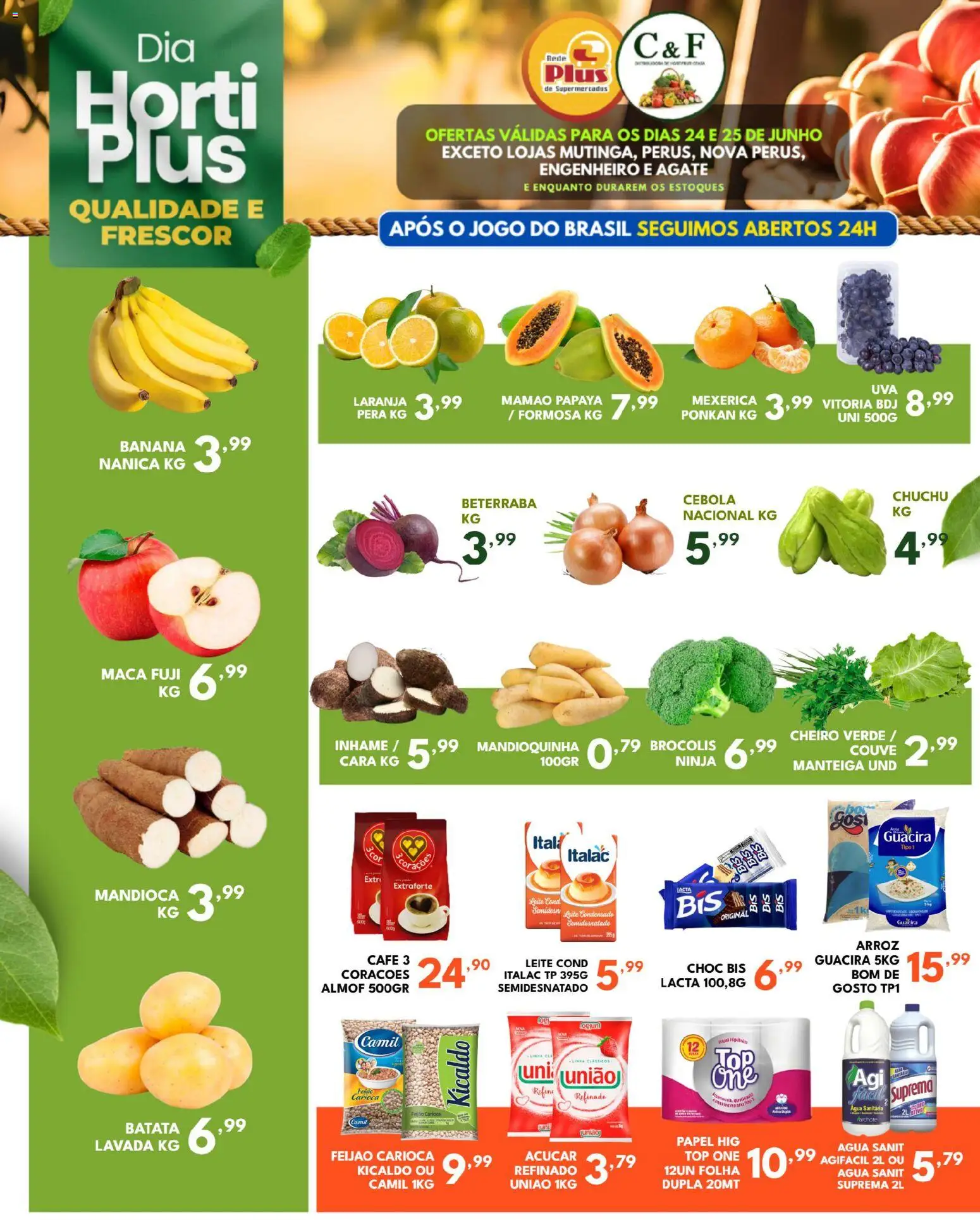 Rede Plus Supermercados Folheto - válido de 24/06/2026 | Página: 1 | Produtos: Mexerica, Açúcar, Couve, Leite condensado