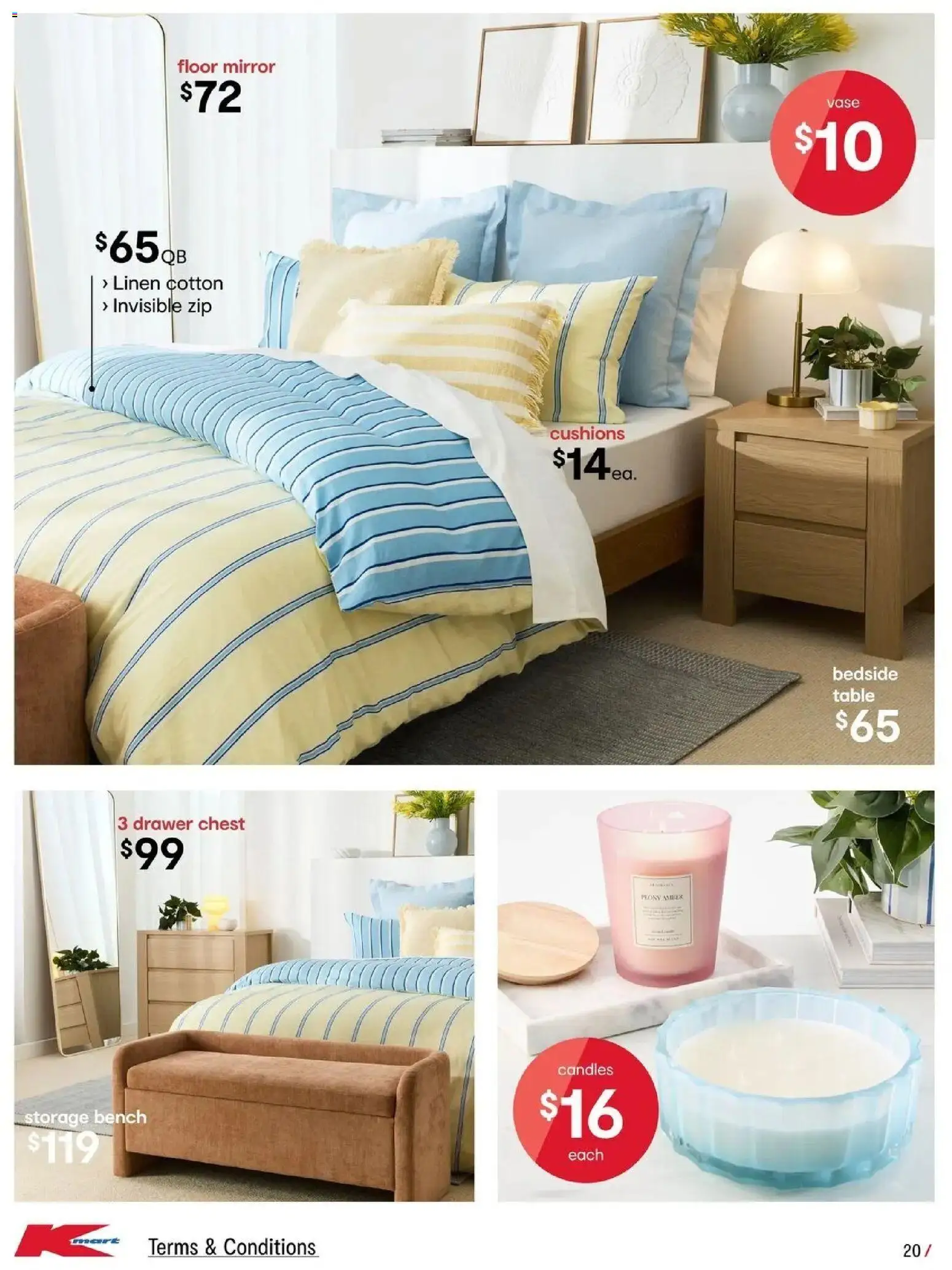 Kmart catalogue - valid from 23/07/2026 | Page: 20 | Products: Bedside table, Mirror, Linen, Bench