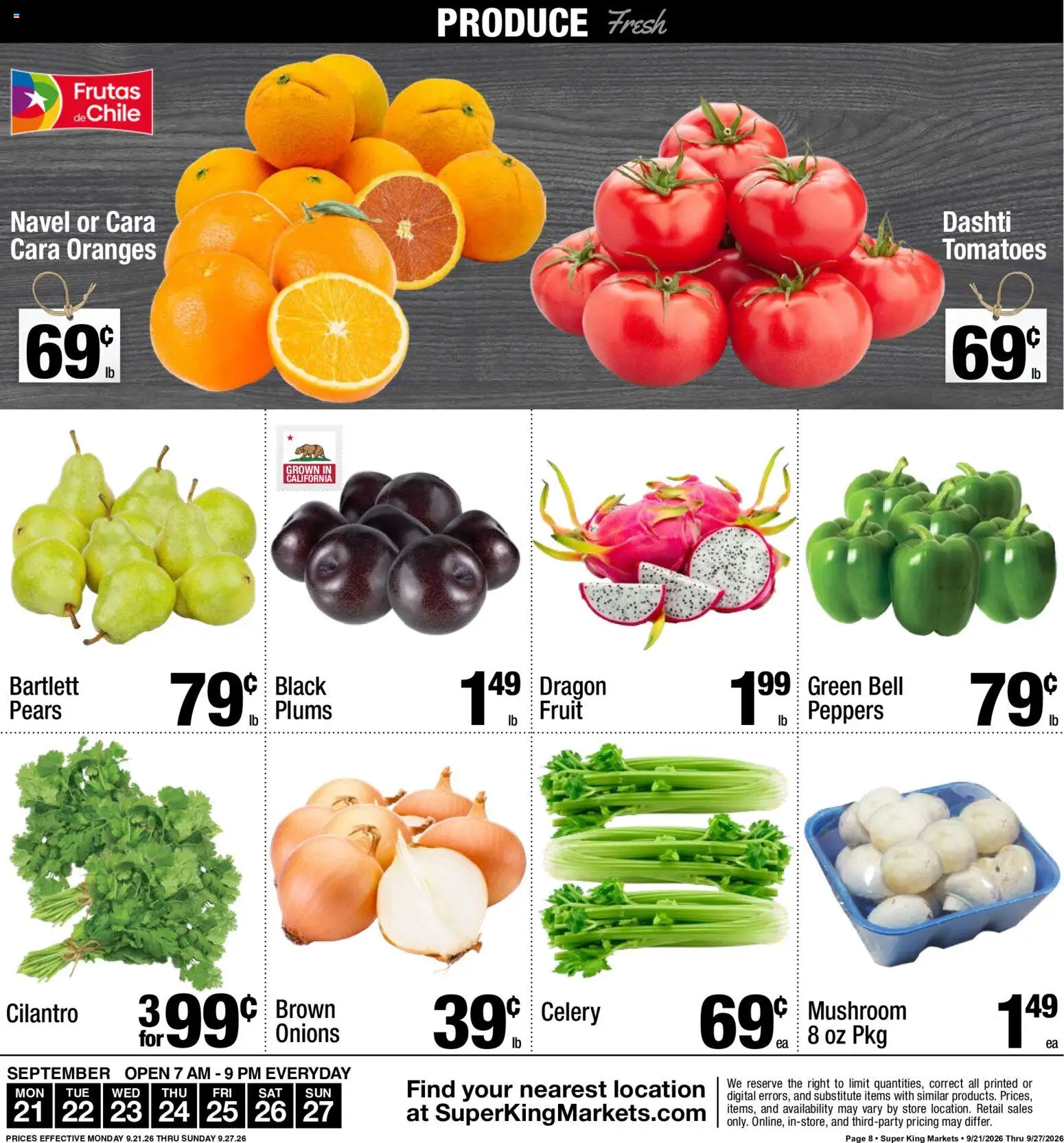 Super King Weekly Ad - valid from 09/21/2026 | Page: 8 | Products: Plums, Oranges, Tomatoes, Celery