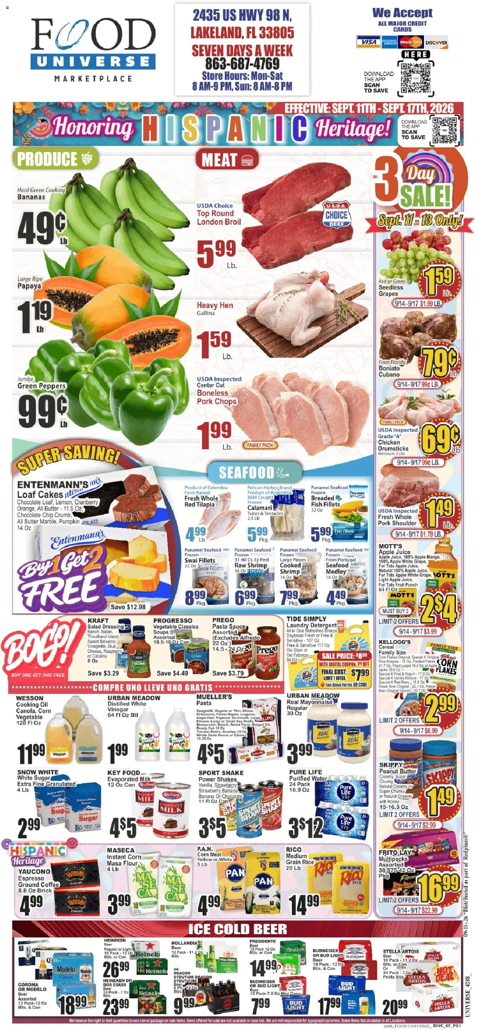 Food Universe Weekly Ad - valid from 09/11/2026 | Page: 1 | Products: Apple juice, Pork shoulder, Grapes, Jacks