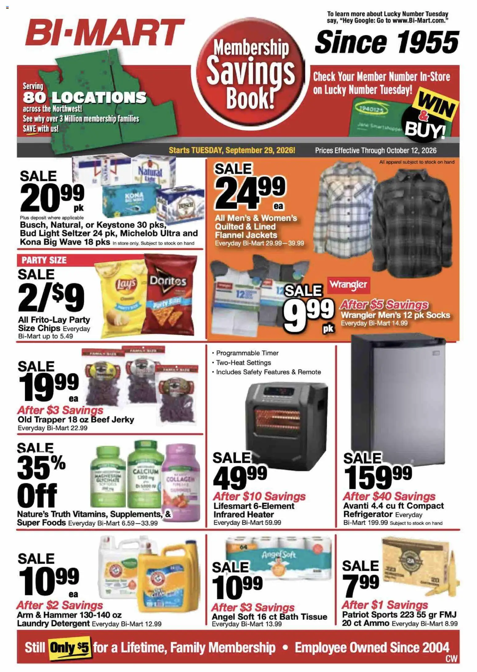 Bi-Mart Weekly Ad - valid from 09/29/2026 | Page: 1 | Products: Jerky, Socks, Refrigerator, Ammo