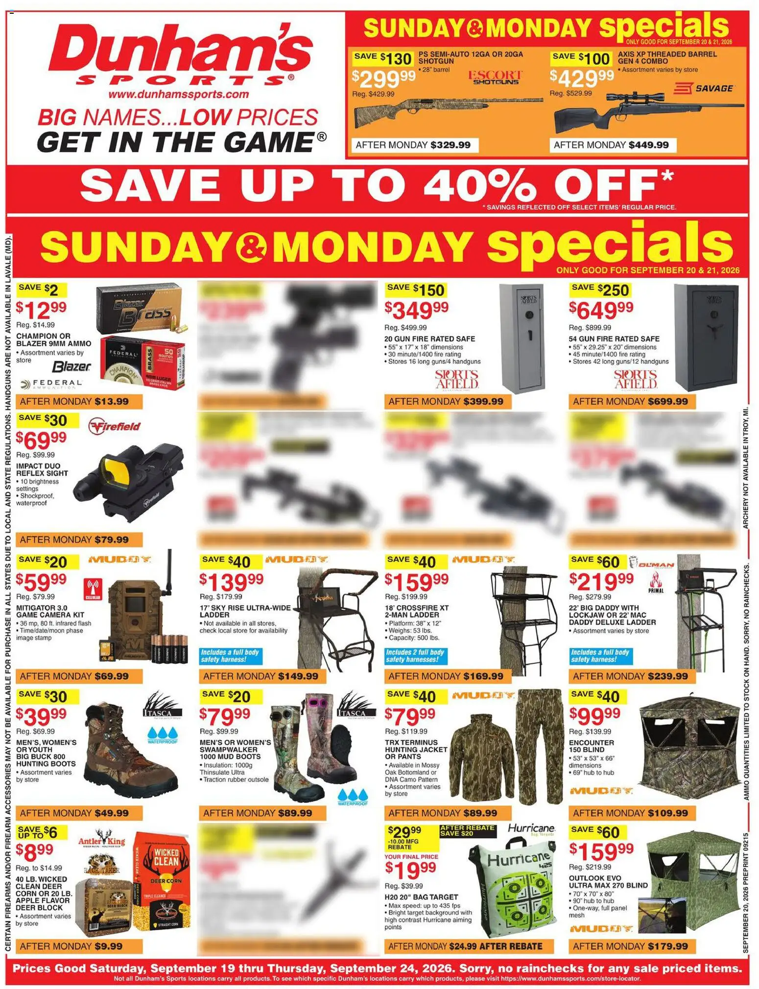 Dunham's Sports Weekly Ad - valid from 09/19/2026 | Page: 1 | Products: Corn, Ladder, Hunting Boots, Gun