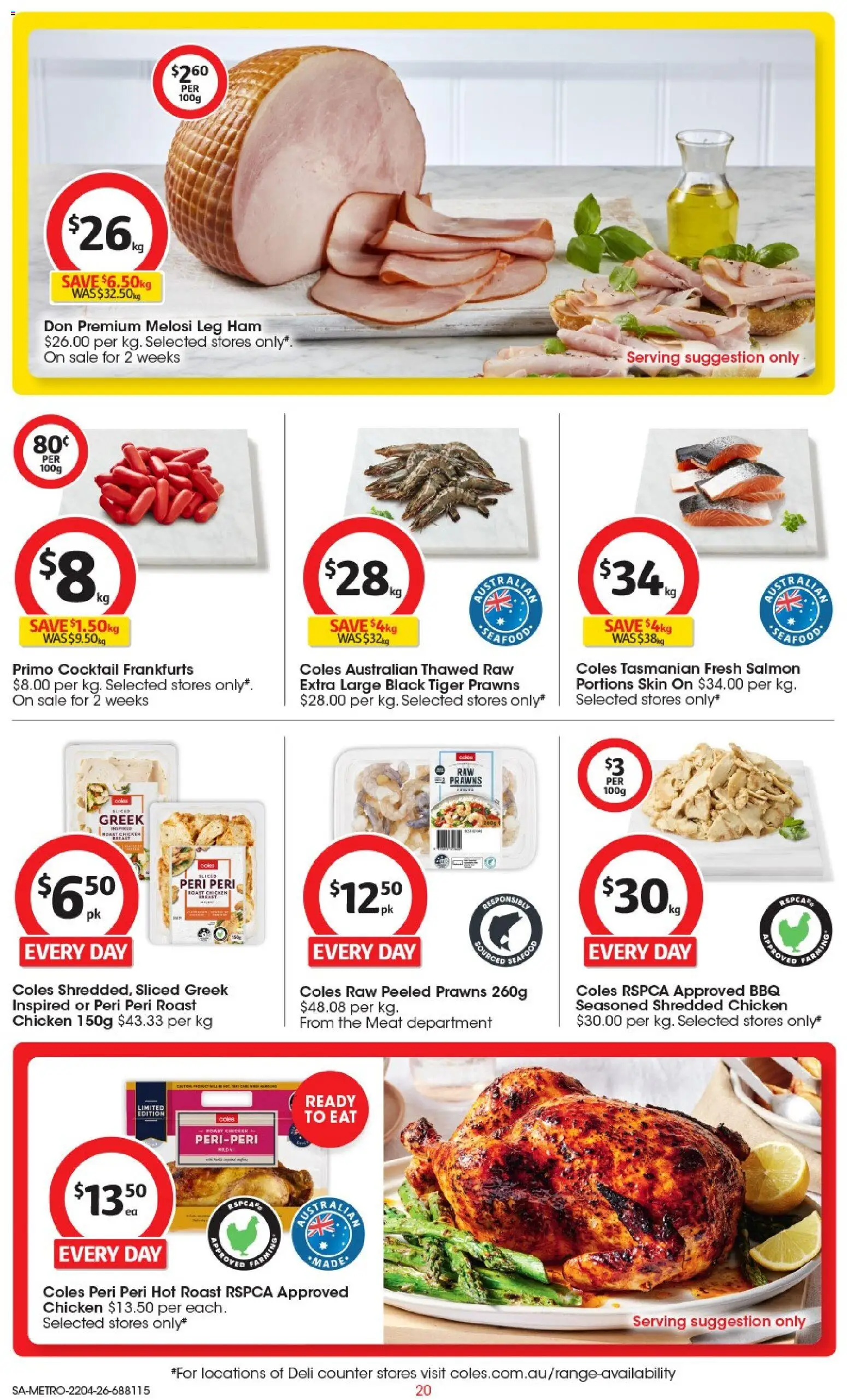 Coles catalogue - valid from 22.04.2026 | Page: 20 | Products: Ham, Meat, Prawns, Salmon