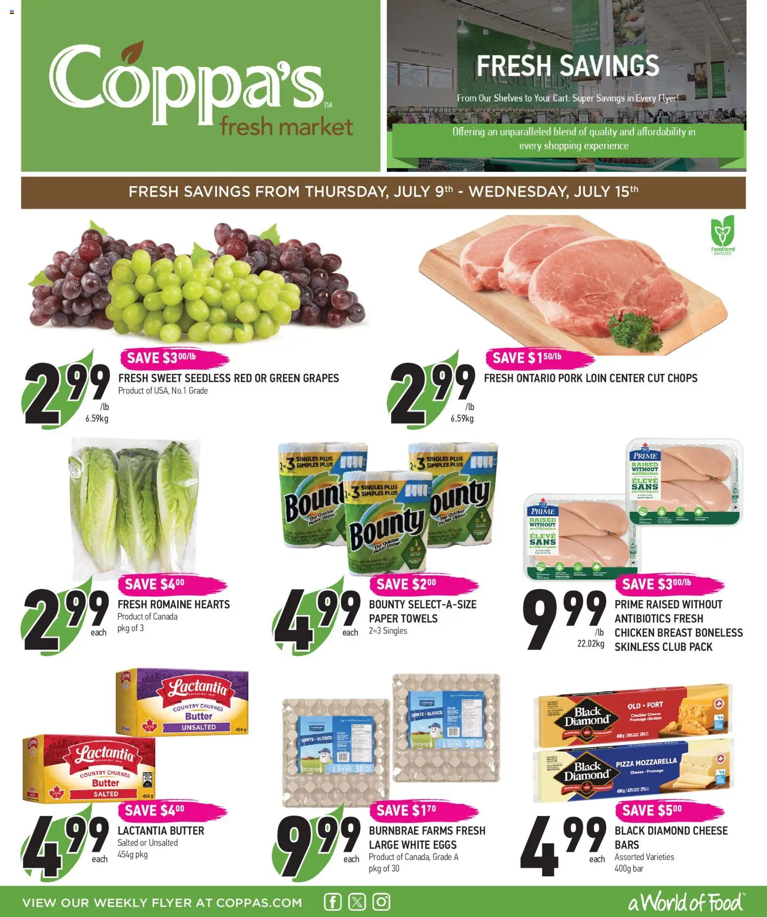 Coppas Fresh Market flyer valid from Jul 9, 2026 | Page: 1 | Products: Butter, Cheese, Chicken, Pork