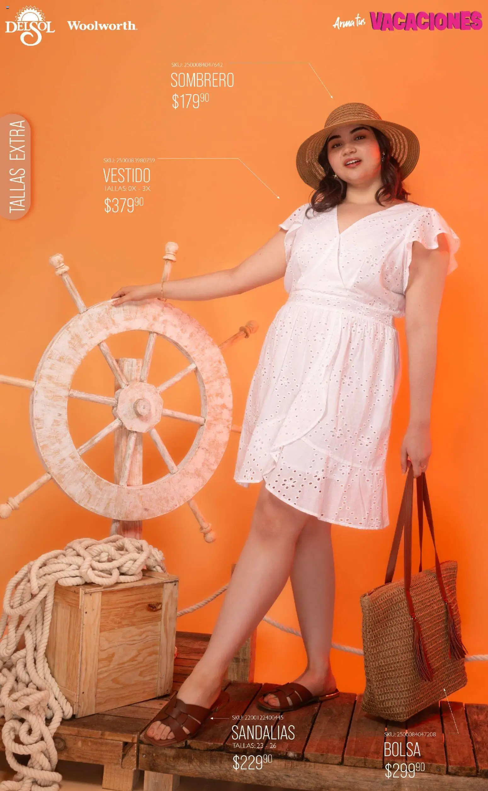 Nuevas ofertas de Del Sol y Woolworth válidas en toda la República Mexicana desde el 19.03.2026. ¡Encuentra las mejores ofertas en Del Sol y Woolworth catálogo Moda Vacaciones! | Página: 9 | Productos: Sombrero, Bolsa, Vestido, Sandalias