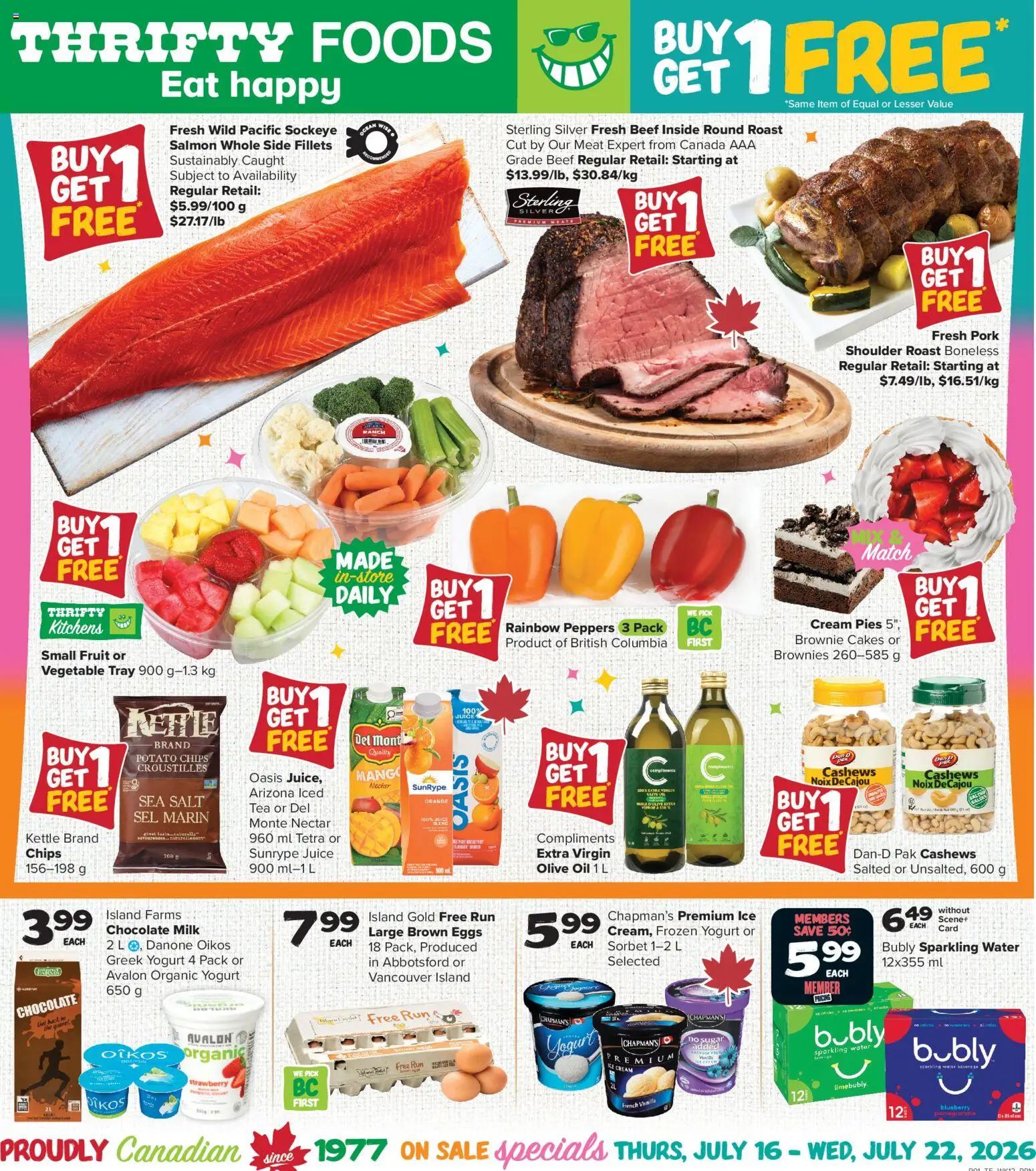 Thrifty Foods flyer valid from Jul 16, 2026 | Page: 1 | Products: Tea, Kettle, Yogurt, Pork
