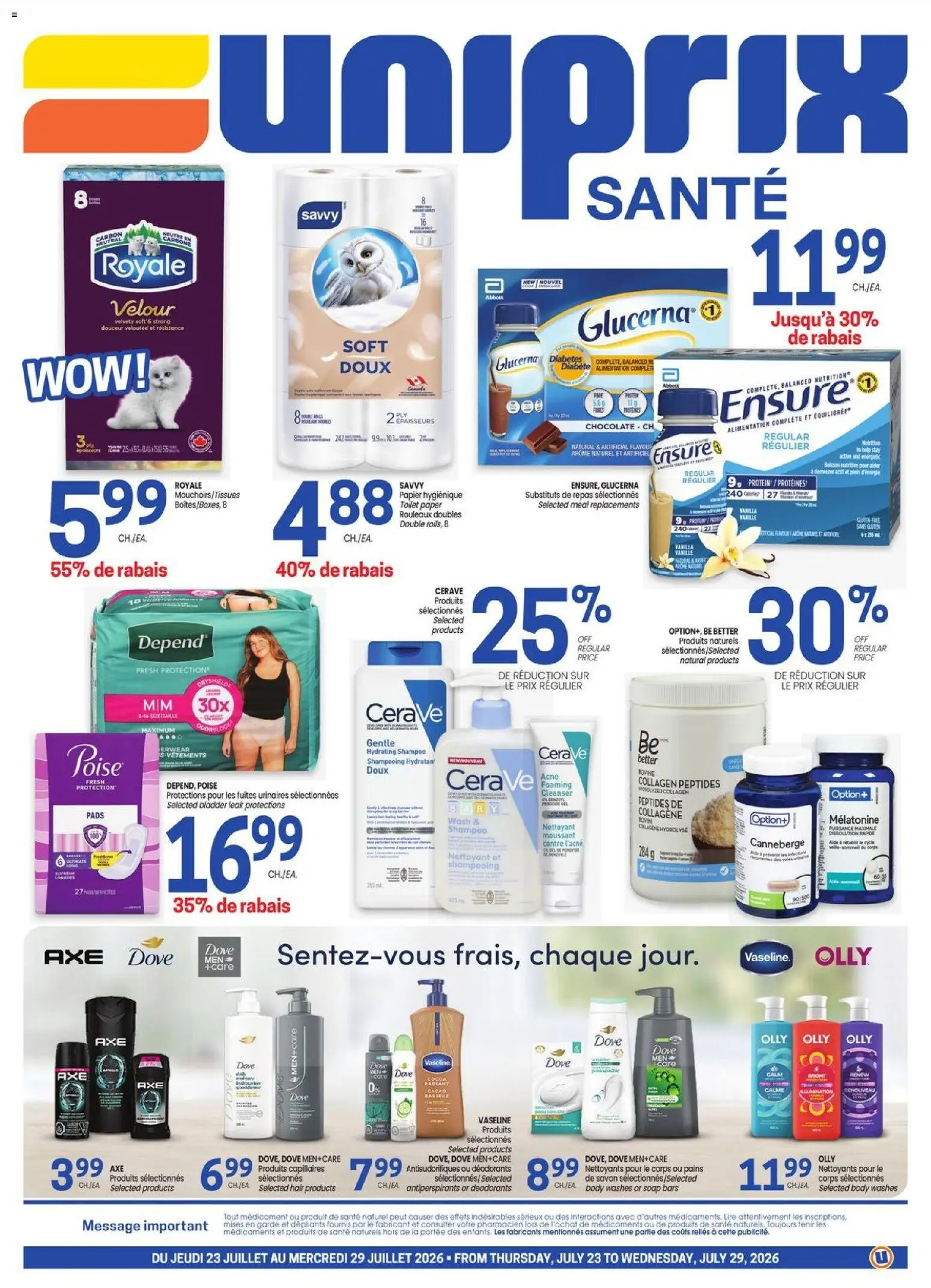 Uniprix flyer valid from Jul 23, 2026 | Page: 1 | Products: Shampoo, Soap, Chocolate