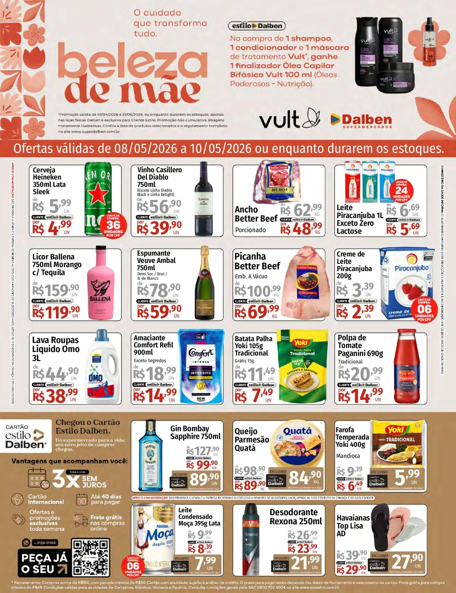 Supermercado Dalben Folheto - válido de 08.05.2026 | Página: 1 | Produtos: Mandioca, Licor, Leite, Roupas