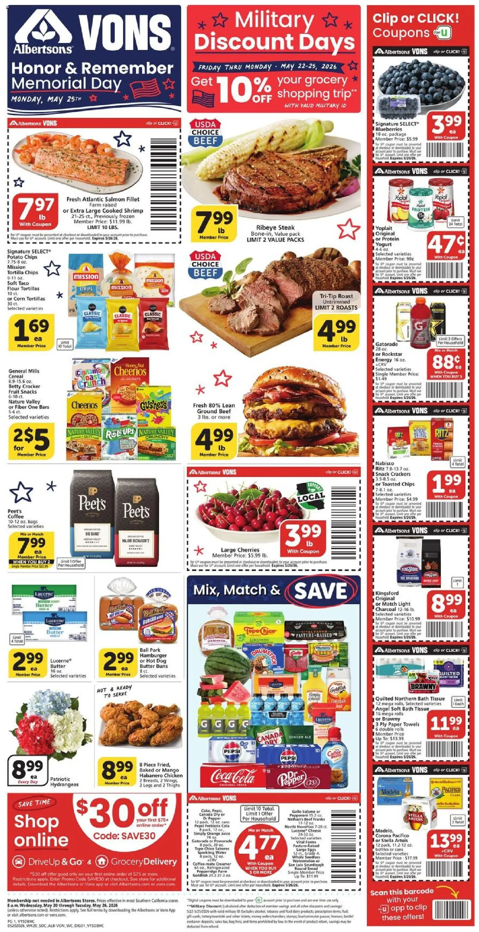 Vons Weekly Ad - valid from 20.05.2026 | Page: 1 | Products: Cherries, Juice, Pepper, Watermelon