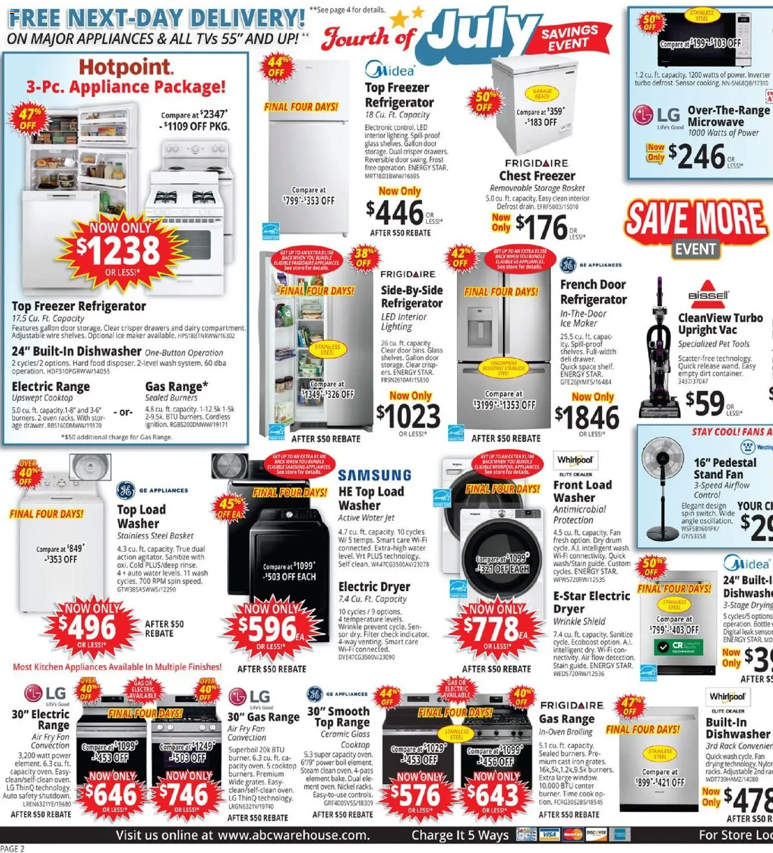 ABC Warehouse Weekly Ad - valid from 07/05/2026 | Page: 2 | Products: Microwave, Refrigerator, Dishwasher, Iron