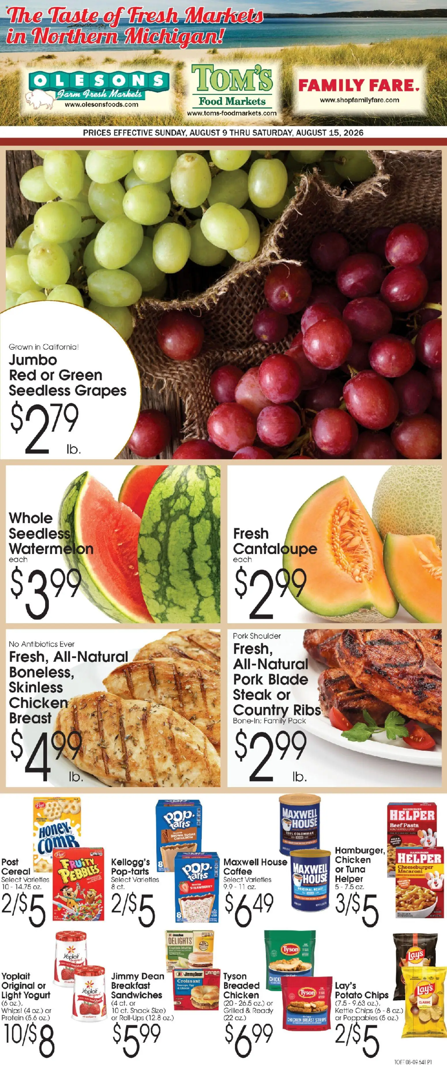 Family Fare Ad - valid from 08/09/2026 | Page: 1 | Products: Potato chips, Cheese, Watermelon, Seedless grapes