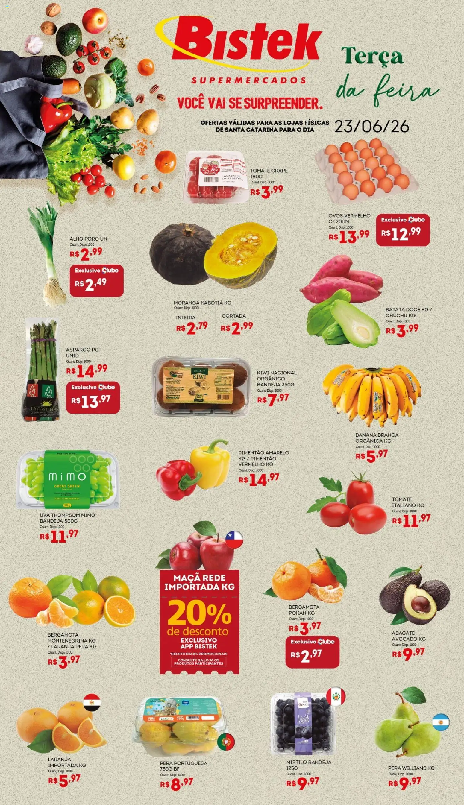 Bistek Supermercados Folheto - válido de 23/06/2026 | Página: 1 | Produtos: Moranga, Ovos, Kiwi, Bandeja