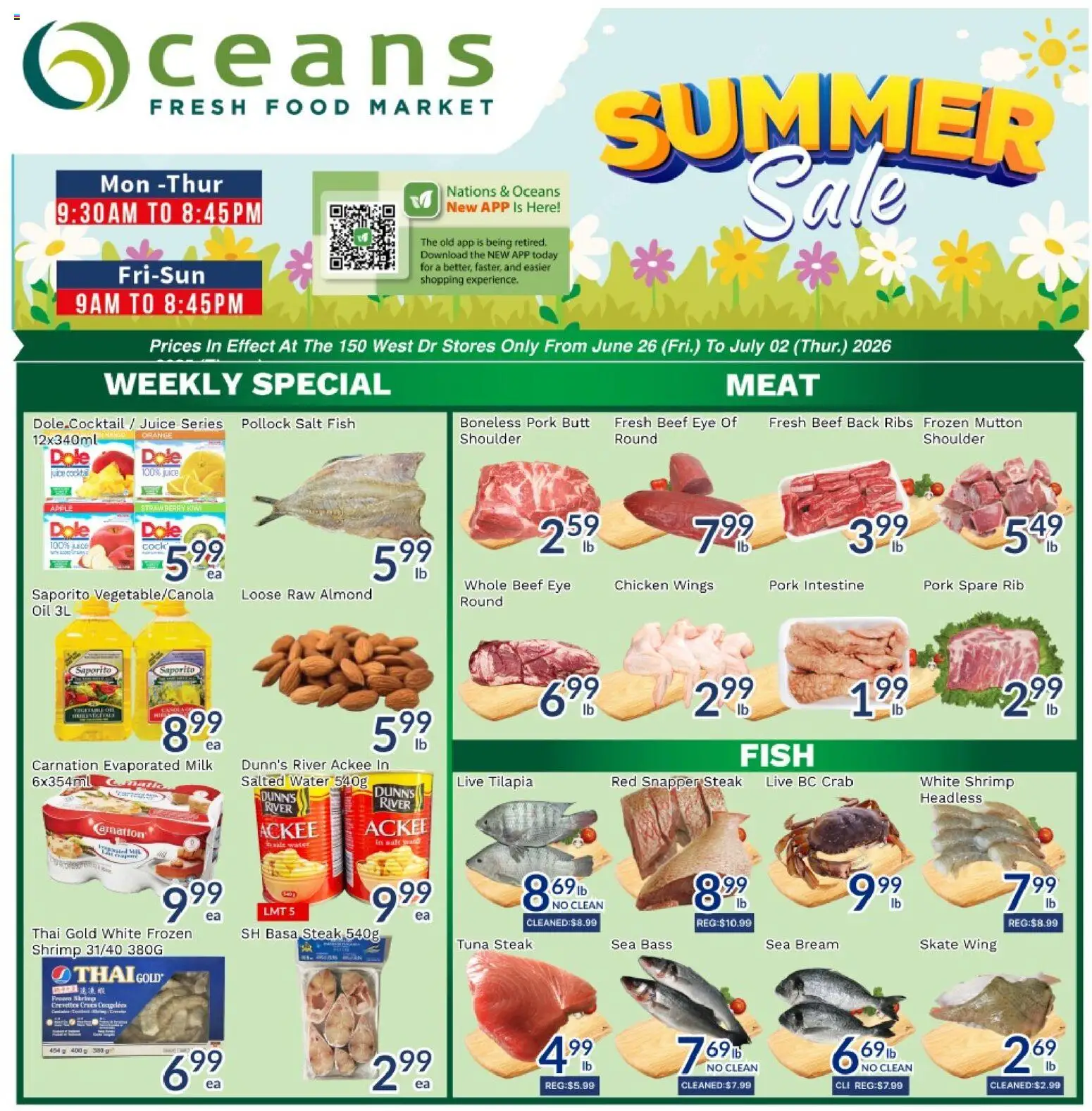 Oceans flyer valid from Jun 26, 2026 | Page: 1 | Products: Fish, Oil, Chicken, Pork