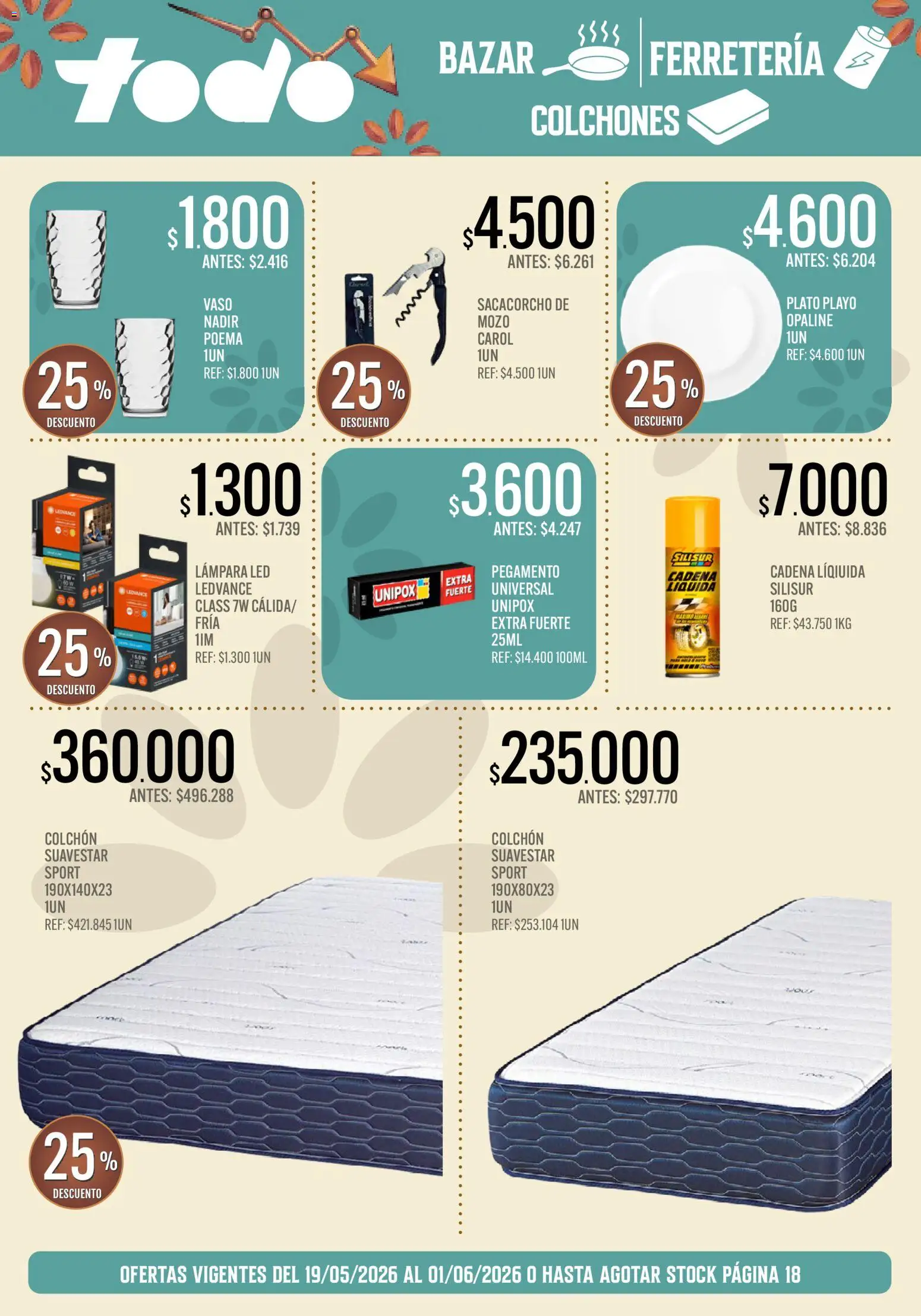 Supermercados TODO - Ofertas │ válido desde el 19.05.2026 | Página: 19 | Productos: Colchón, Cadena, Lámpara, Pegamento