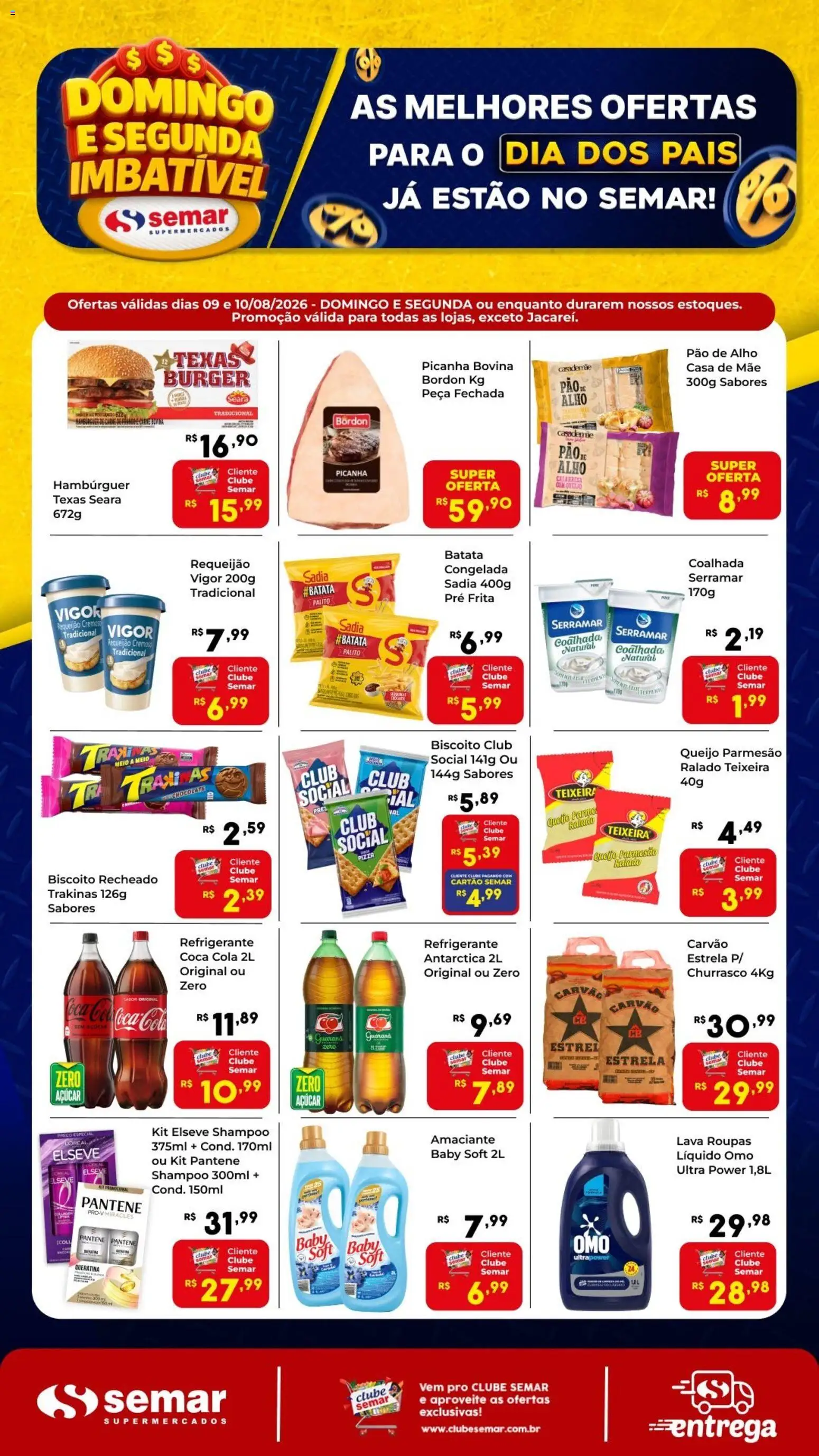 Semar Supermercado Folheto - válido de 09/08/2026 | Página: 1 | Produtos: Queijo, Hambúrguer, Requeijão, Amaciante
