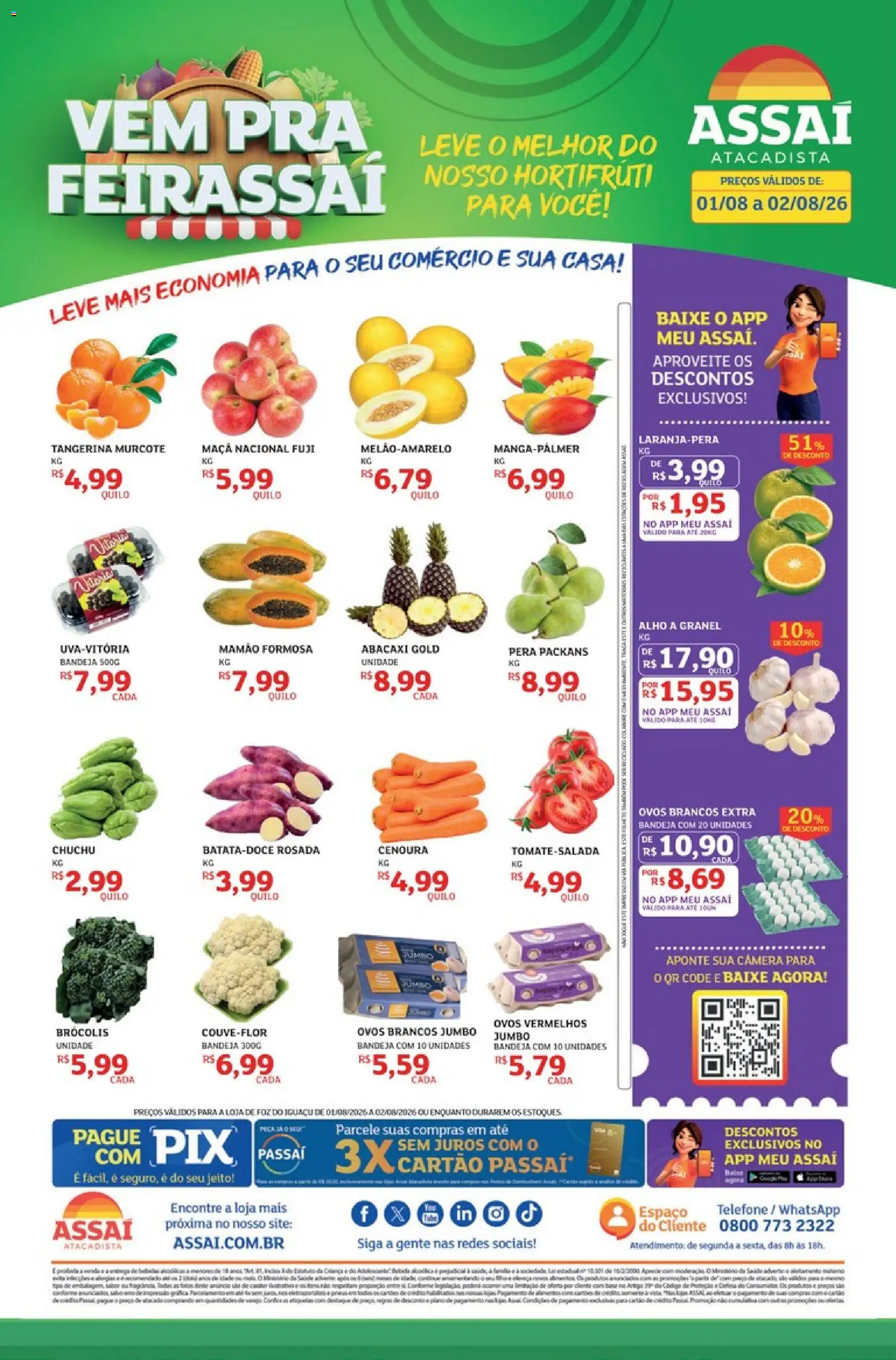 Assaí Atacadista Folheto - válido de 01/08/2026 | Página: 1 | Produtos: Chuchu, Cenoura, Mamão, Telefone