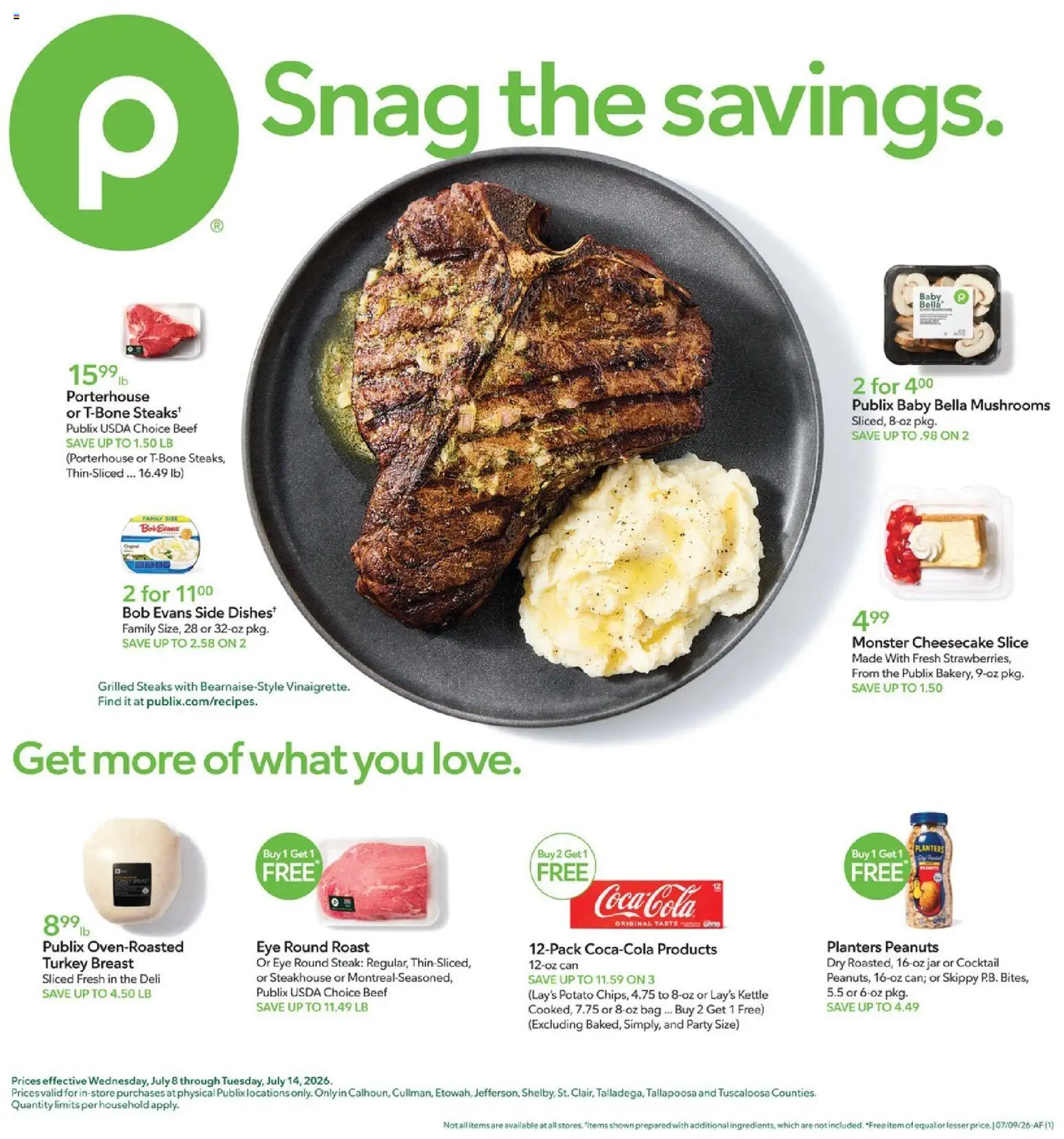 Publix Weekly Ad - valid from 07/08/2026 | Page: 1 | Products: Mushrooms, Beef, Peanuts, Cheesecake