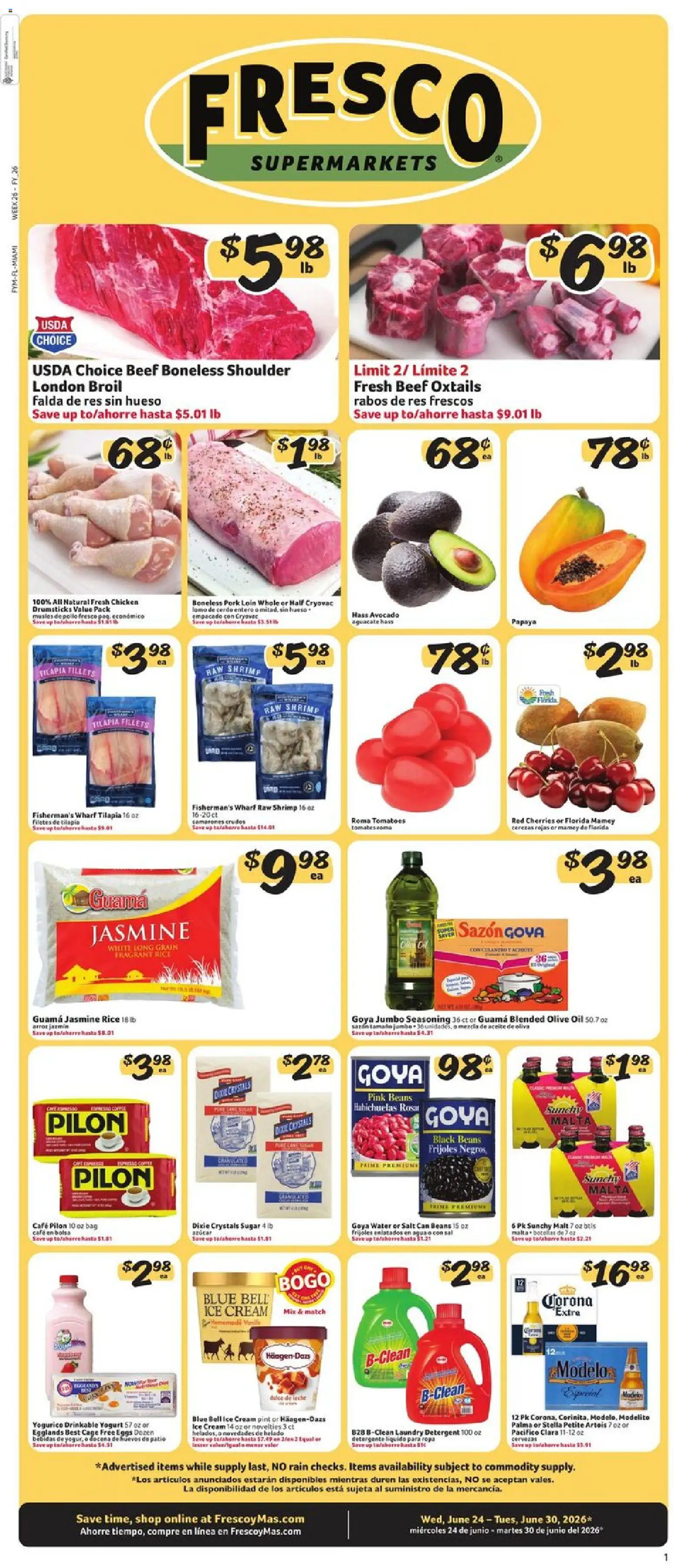 Fresco y Más Weekly Ad - valid from 06/24/2026 | Page: 1 | Products: Oil, Detergent, Avocado, Salt