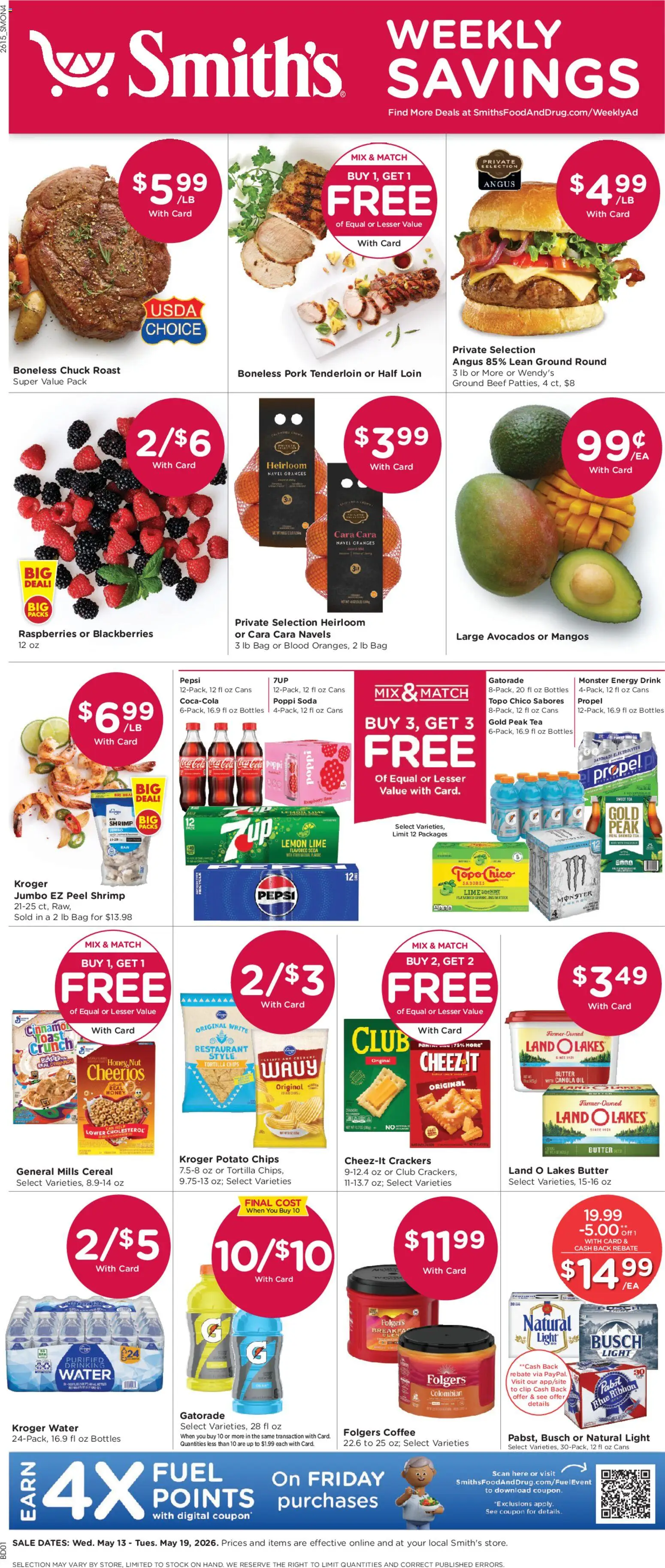 Smith's Weekly Ad - valid from 13.05.2026 | Page: 1 | Products: Coffee, Beef, Raspberry, Bag