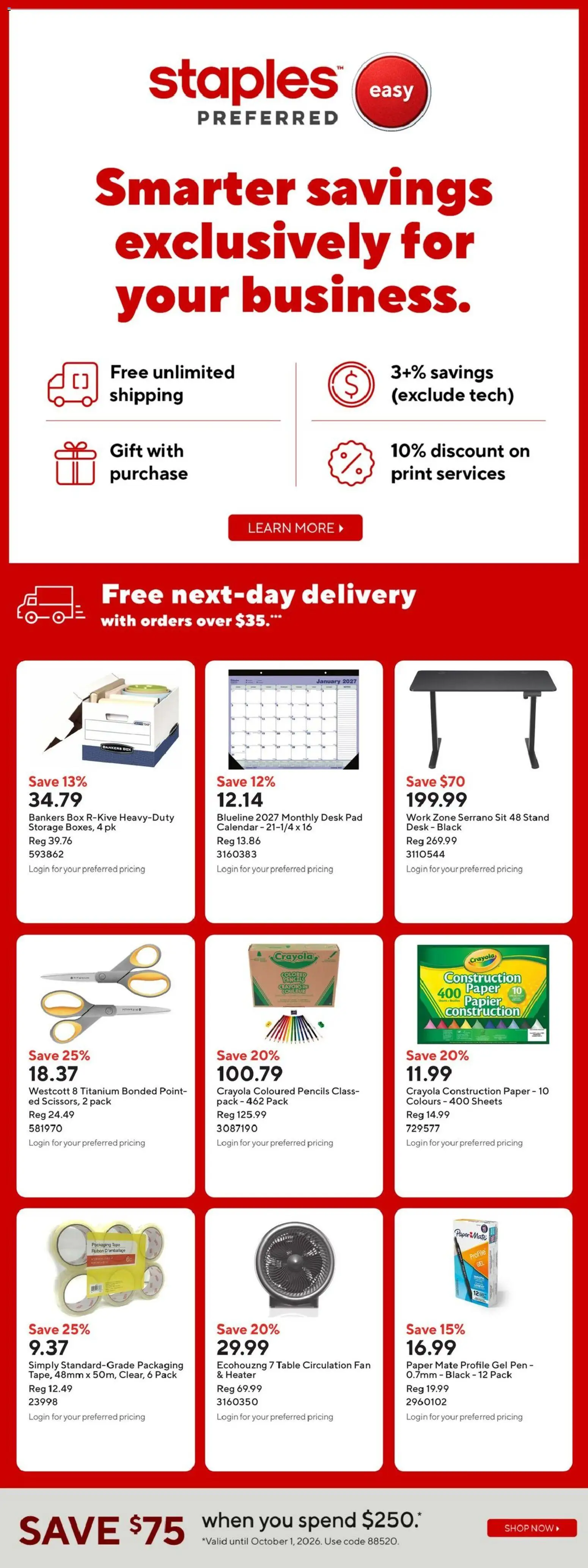 Staples flyer valid from Oct 2, 2026 | Page: 14 | Products: Fan, Table, Box