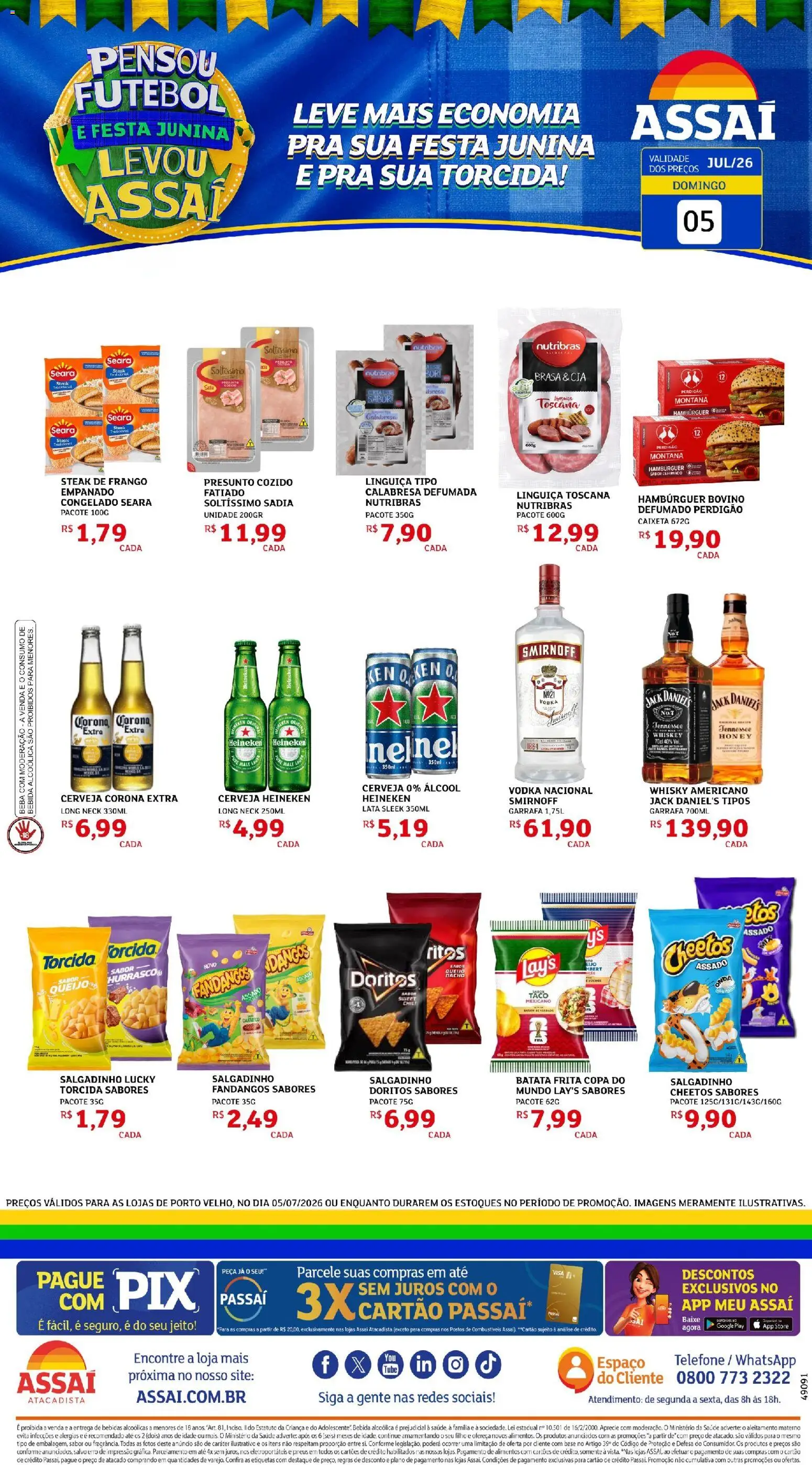 Assaí Atacadista Folheto - válido de 05/07/2026 | Página: 1 | Produtos: Presunto, Cerveja, Cheetos, Frango