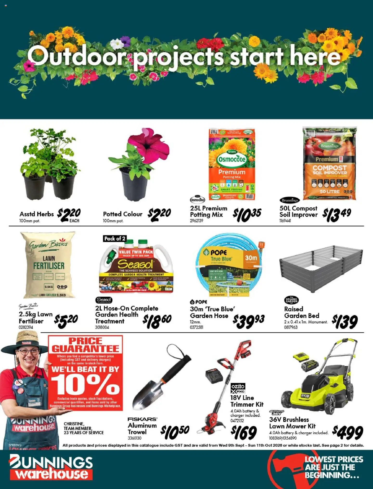 Bunnings Warehouse catalogue - valid from 09/09/2026 | Page: 1 | Products: Battery, Lawn mower, Soil, Treatment
