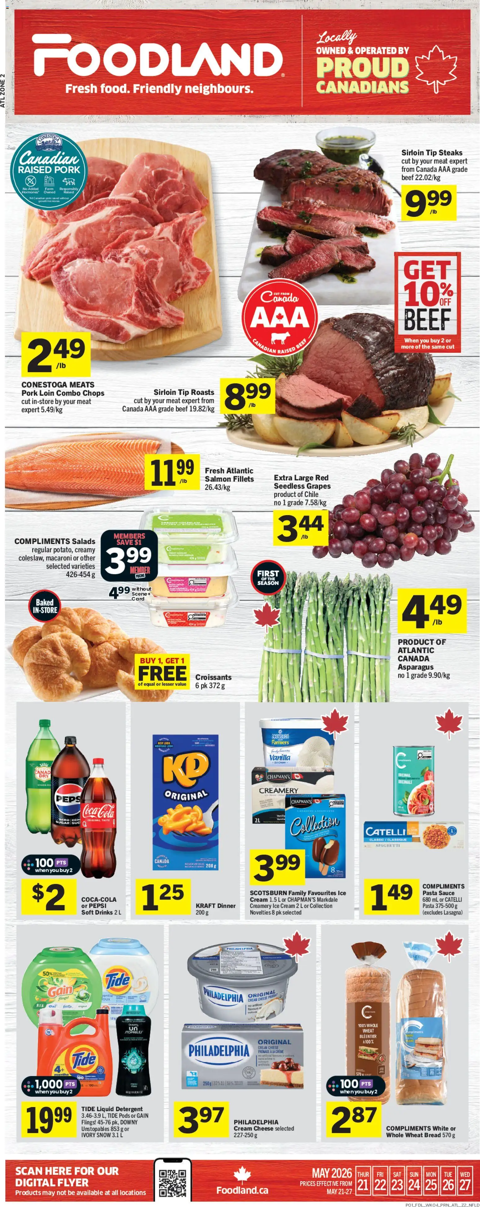 Foodland flyer valid from 21.05.2026 | Page: 1 | Products: Cream, Ice cream, Detergent, Pork