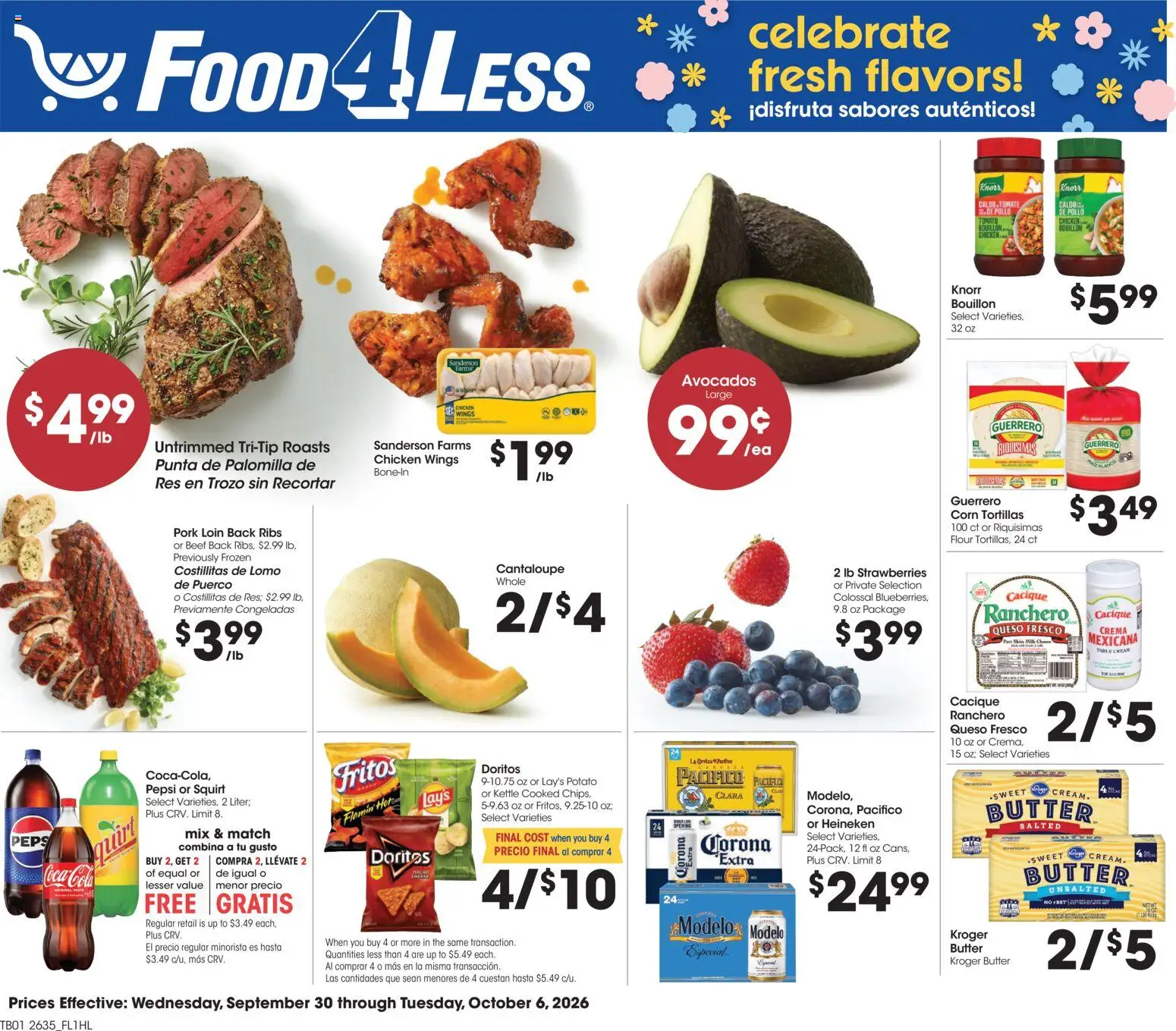 Food 4 Less Weekly Ad - valid from 09/30/2026 | Page: 1 | Products: Pork loin, Cheese, Heineken, Kettle