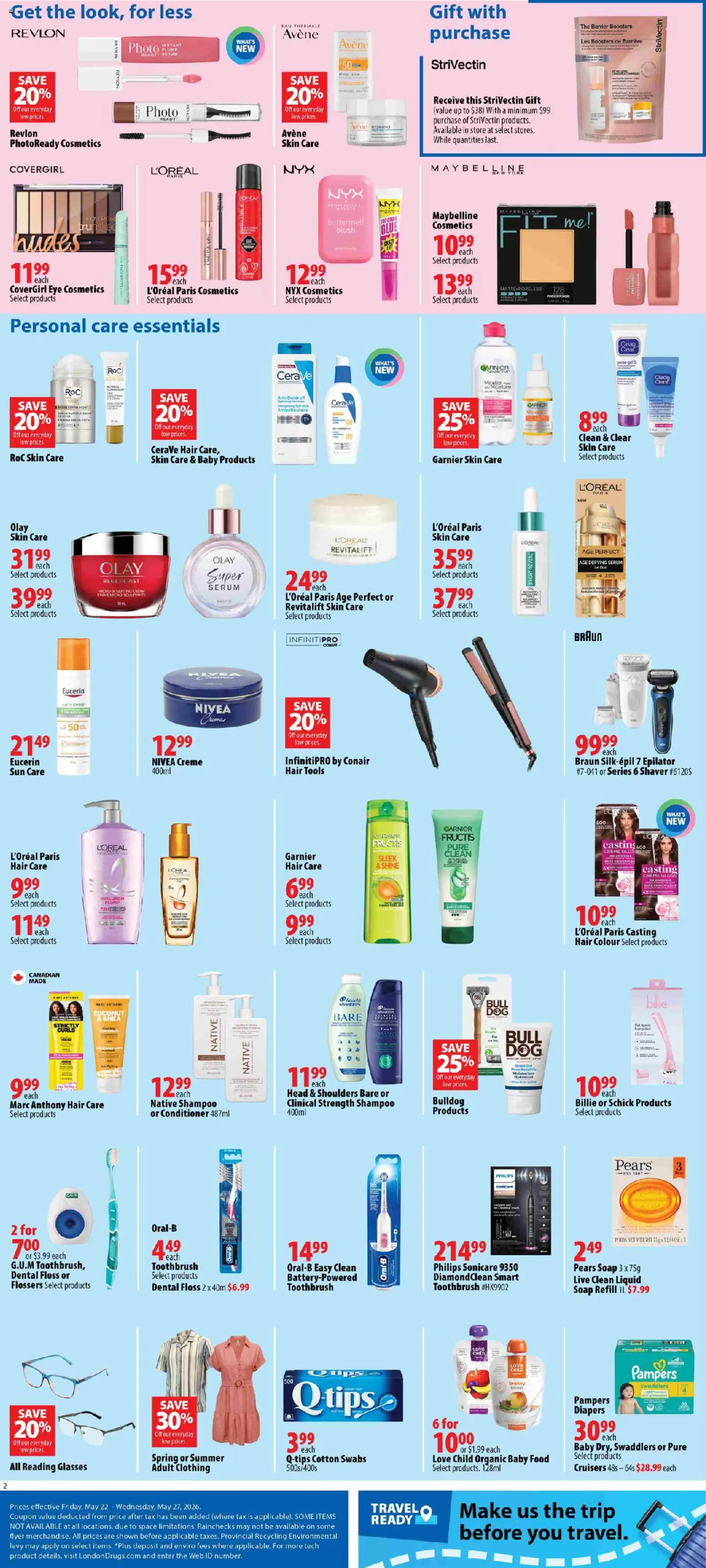 London Drugs flyer valid from 22.05.2026 | Page: 2 | Products: Cream, Epilator, Shampoo, Conditioner