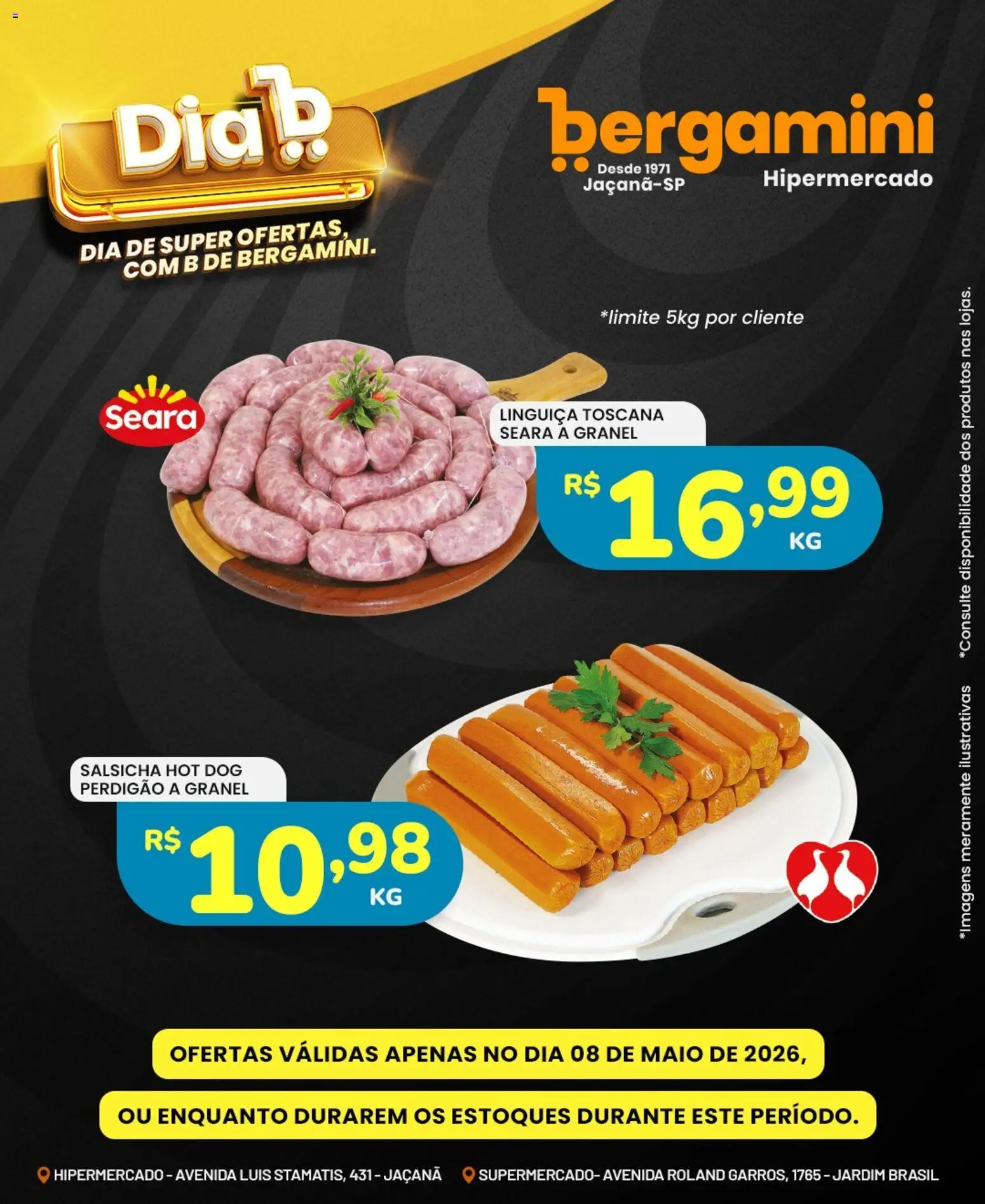 Supermercado Bergamini Folheto - válido de 08.05.2026 | Página: 9 | Produtos: Salsicha, Linguiça, Maiô