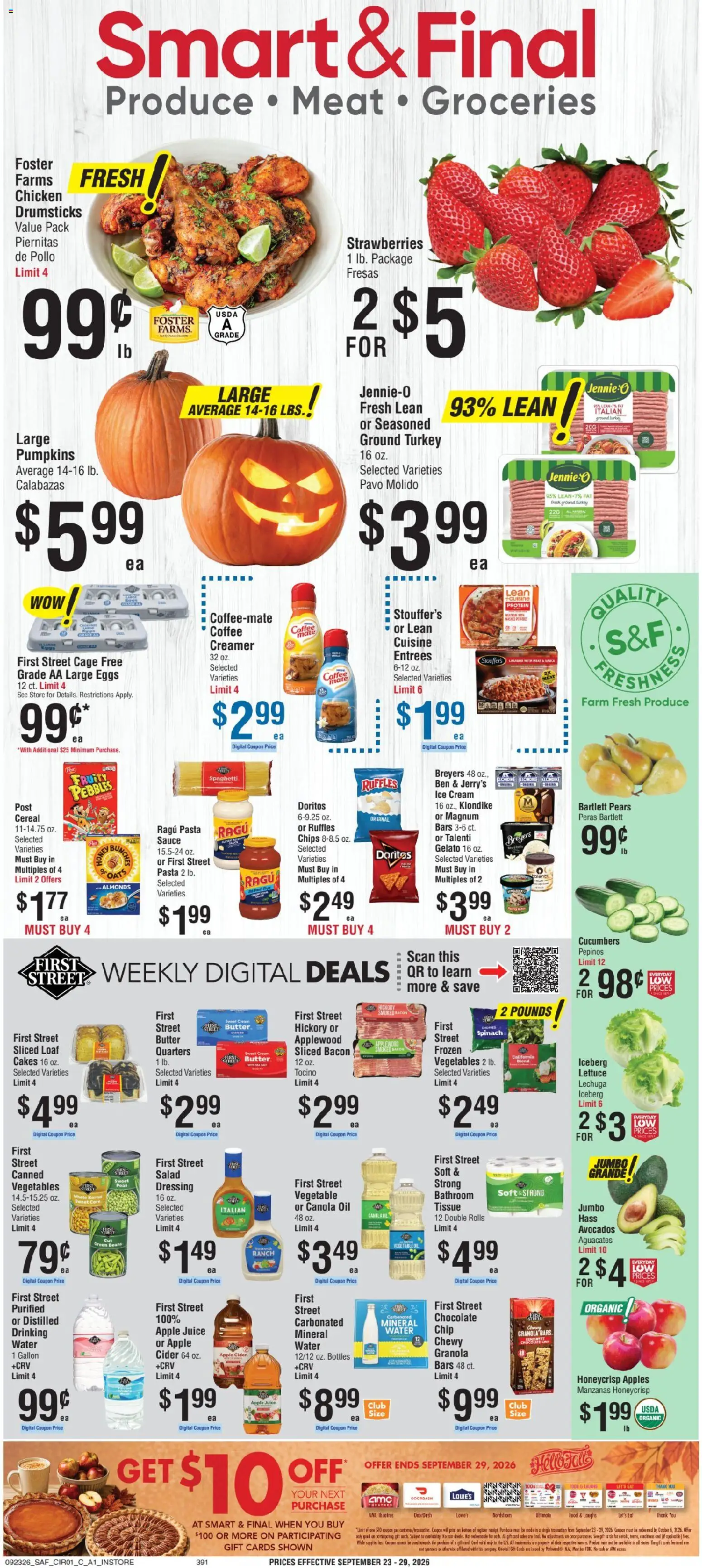 Smart & Final Weekly Ad - valid from 09/23/2026 | Page: 1 | Products: Eggs, Ice, Canola oil, Pears