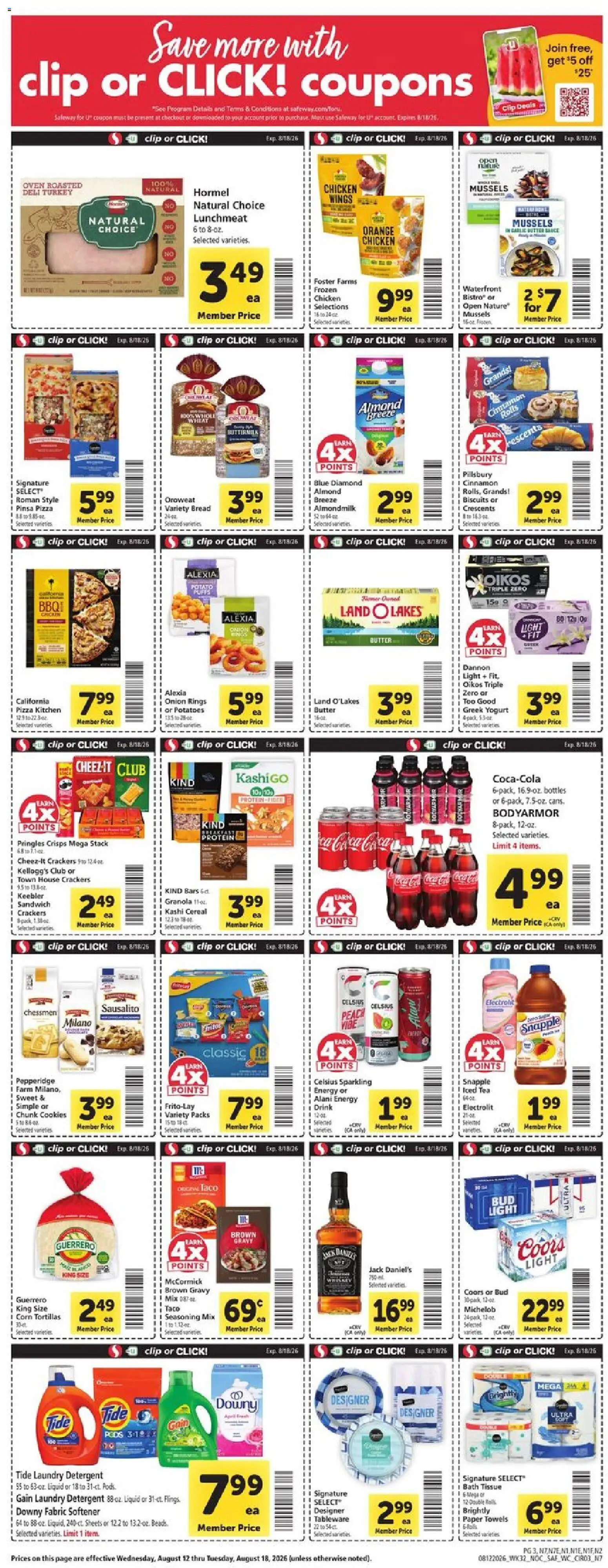 Safeway Weekly Ad - valid from 08/12/2026 | Page: 3 | Products: Laundry detergent, Chicken, Peach, Greek yogurt